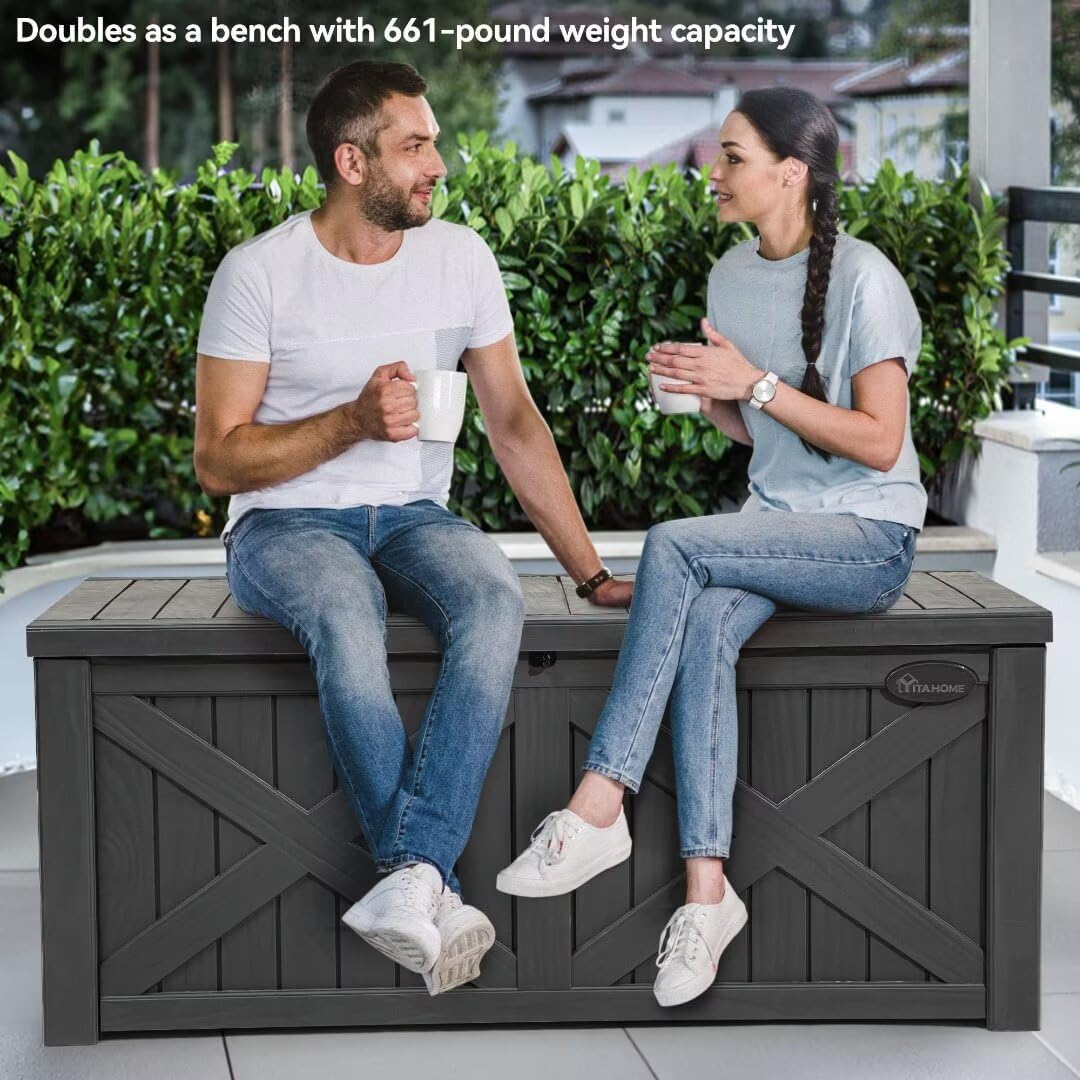 YITAHOME 120 Gallon Large Deck Box with X-Shaped Front, Resin Outdoor Storage Boxes, Waterproof Cushion Storage Bench for Patio, Pool Supplies, Garden Tools - Lockable, Dark Gray