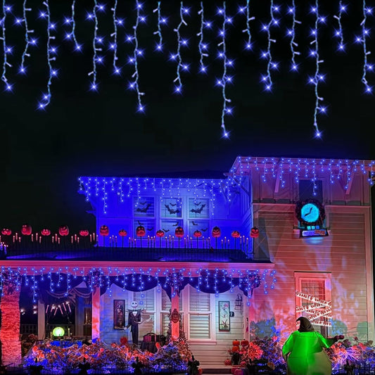 QITONG Blue Icicle Lights for Outside, 66ft 800 LED Halloween Light Indoor with 160 Drops, 8 Modes Clear Wire Connectable Christmas Lights Plug in