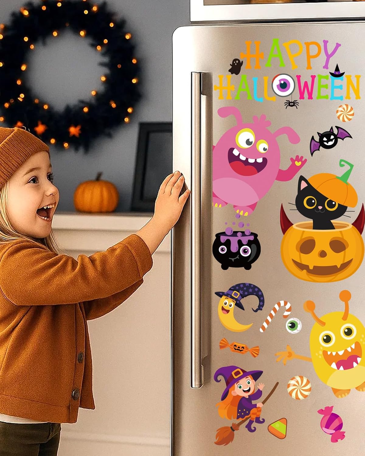 Halloween Window Clings - 9 Sheets 82 Pcs Cute Happy Halloween Window Decorations Indoor for Home Eyes Party Ghost Cat Bat Witch Stickers for Glass Double-Sided Removable Static Glass Decals