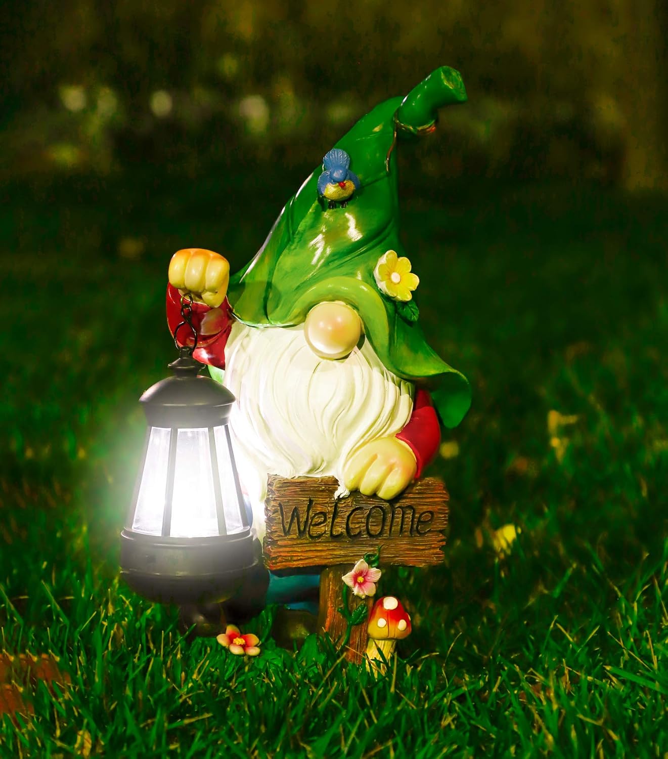 Garden Gnome Statue, Resin Figurine with Bright Solar Lantern Lights and Welcome Sign, Outdoor Solar-Powered Illumination Yard Art Decorations for Indoor Outdoor Patio Lawn Garden Room