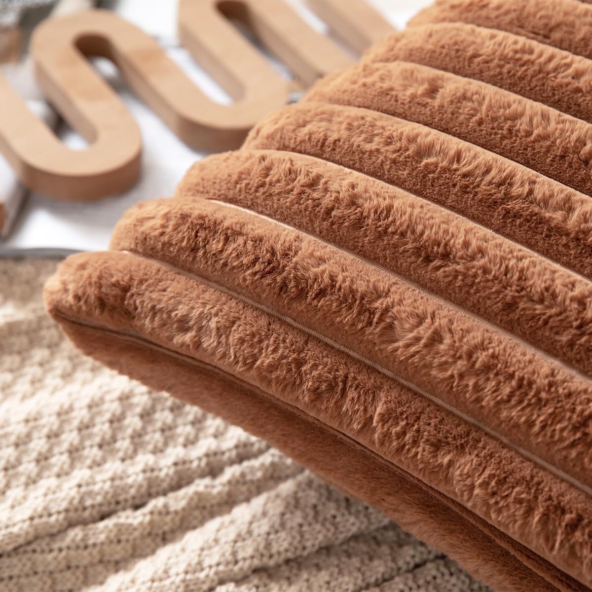 DEELAND Pack of 2,Double-Sided Faux Fur Plush Decorative Throw Pillow Covers Fuzzy Striped Soft Pillowcase Cushion Covers for Sofa Couch Bedroom Brown 16x16 inch