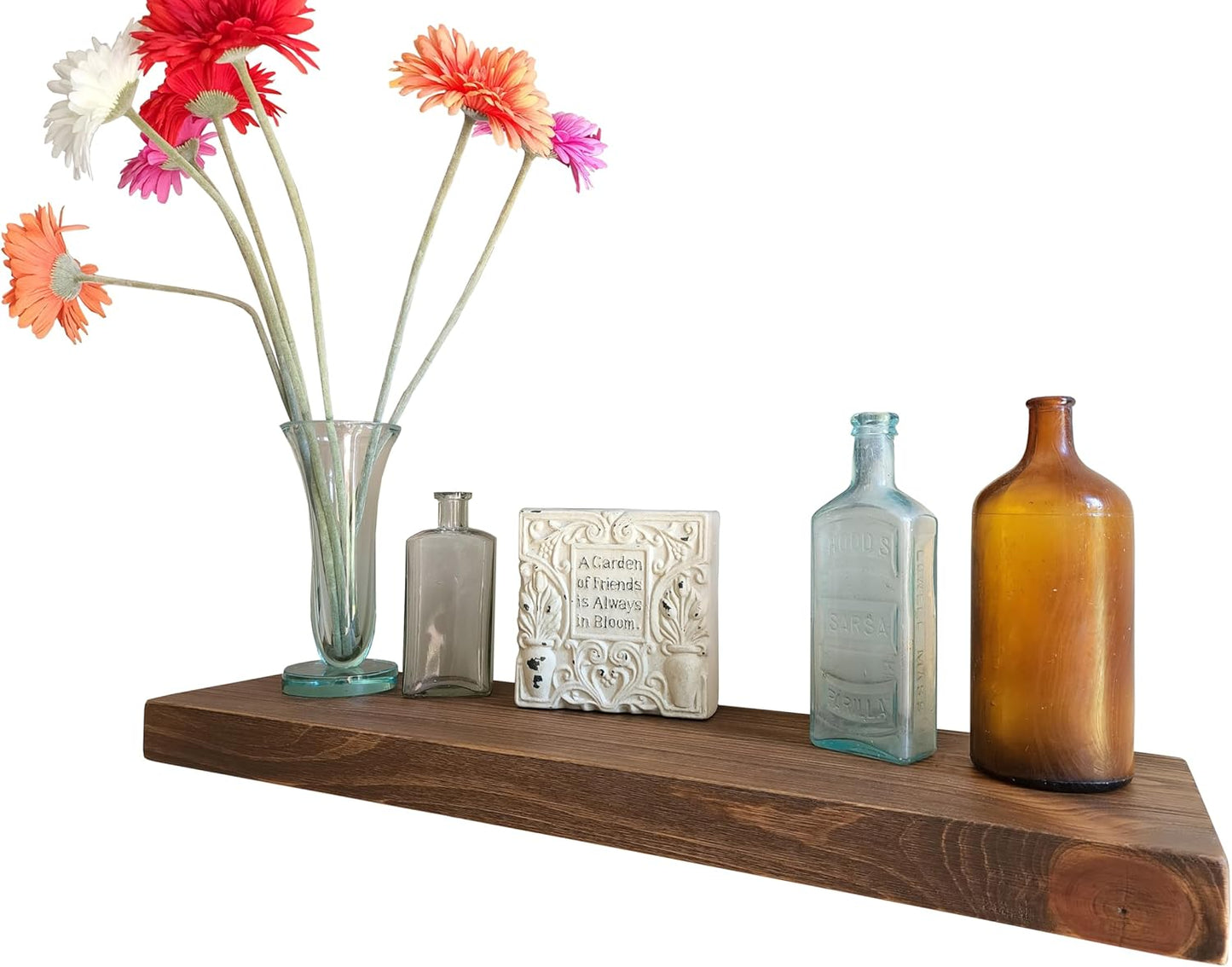 Joel's Antiques - 24 Inch Wooden Floating Shelves for Wall - 24x12x2 in - Made of Natural Wood - Short Heavy Duty Rustic Wall Shelves for Bedroom - Perfect for Bathroom, Kitchen - Medium Brown