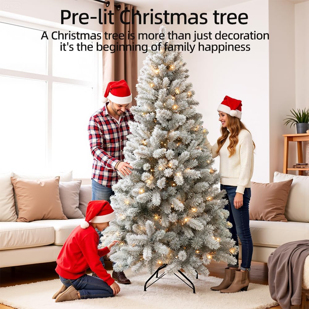 Prelit Christmas Tree With Lights 7.5ft,Premium Snow Flocked Artificial Xmas Tree, With 1364 Branch Tips and 550 Warm Lightsm,Support Automatique,Perfect Choice for Christmas Decorations,White