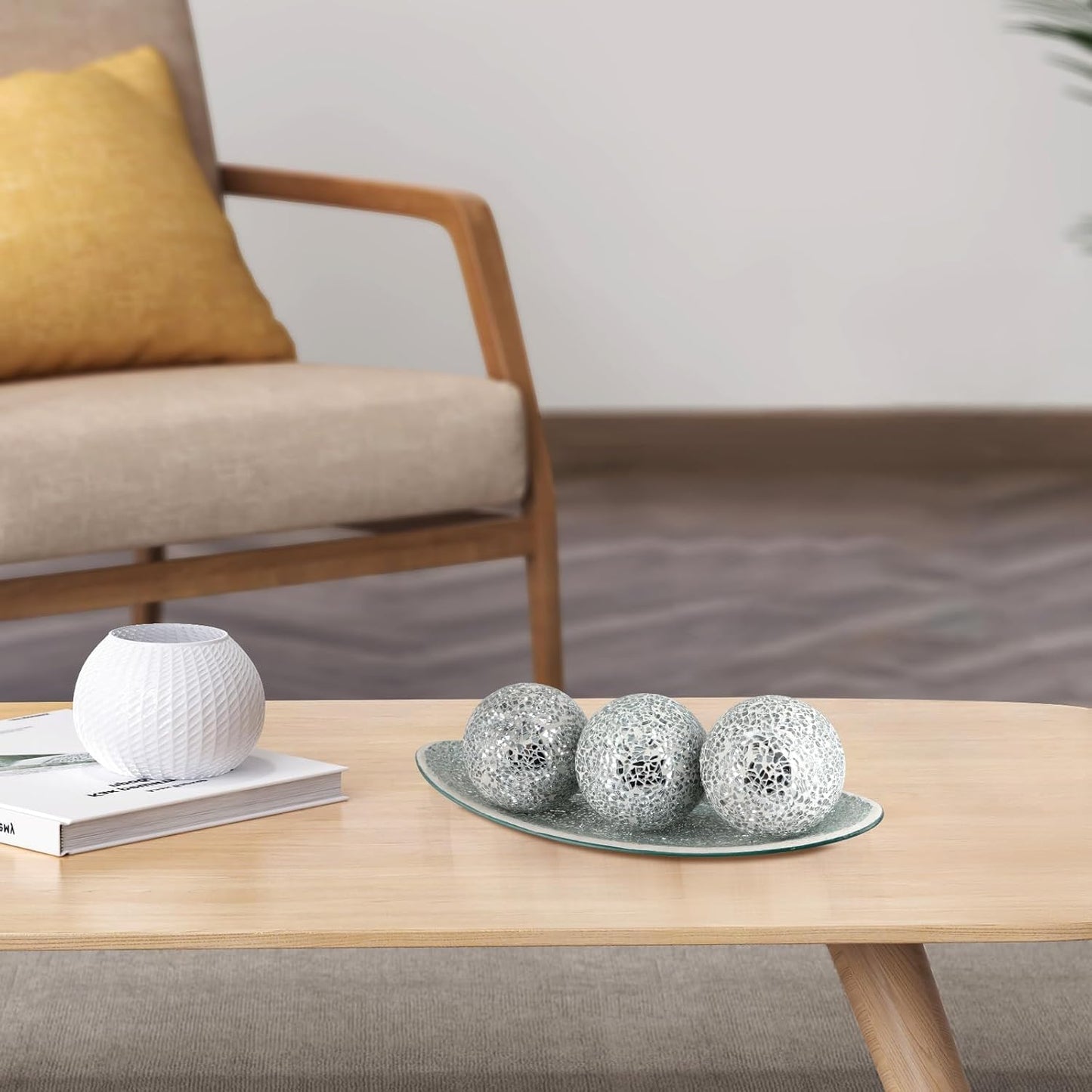 MDLUU Small Glass Mosaic Decorative Silver Boat Shaped Tray, Living Room Table Centerpiece Bowl, Home Decor Accent Plate for Orbs, Candles, Potpourri