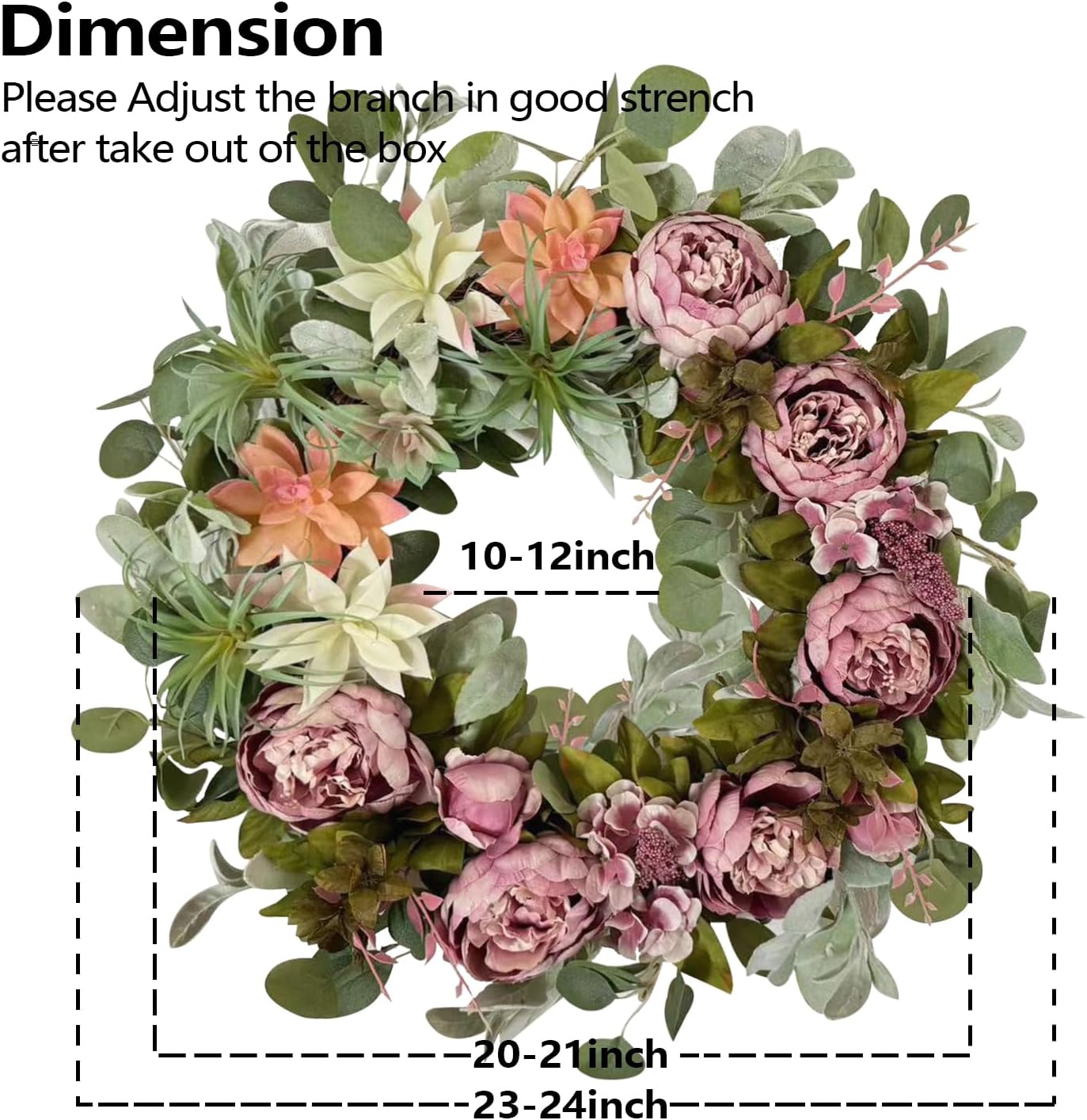 WANNA-CUL 24 Inch Spring Peony Wreaths for Front Door,Succulent Summer Wreath with Pink Peony Floral, Spring Front Door Decor with Succulent Arrangement Decoration