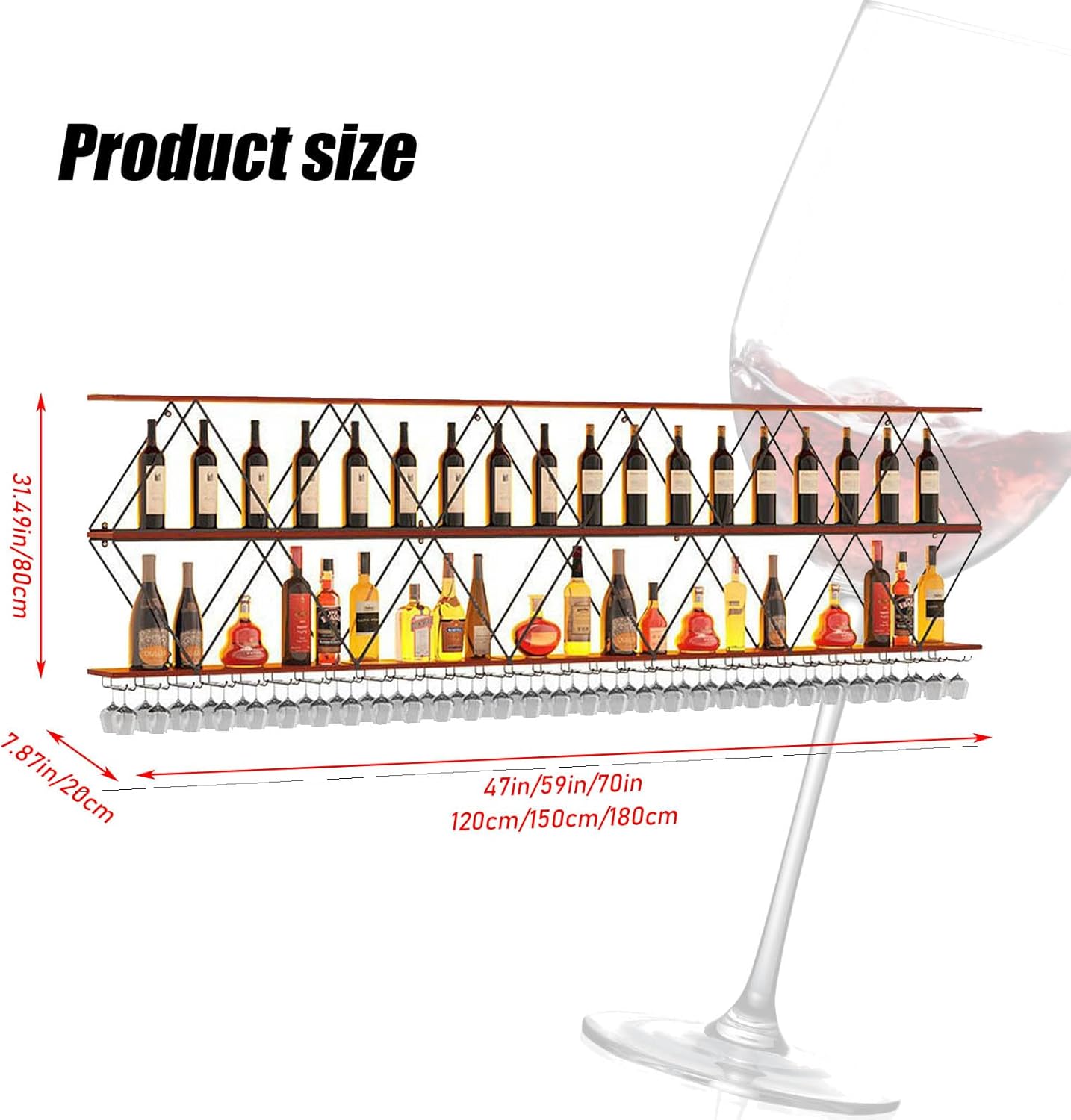 59in Wine Rack Wall Mount with Glass Holder, 3-Tier Floating Wine Rack, Multi-Function Bar Wine Bottle Display Rack for Commercial Restaurants, Tea Rooms, Bars, Wine Cellars (black, 59.05in/150cm)
