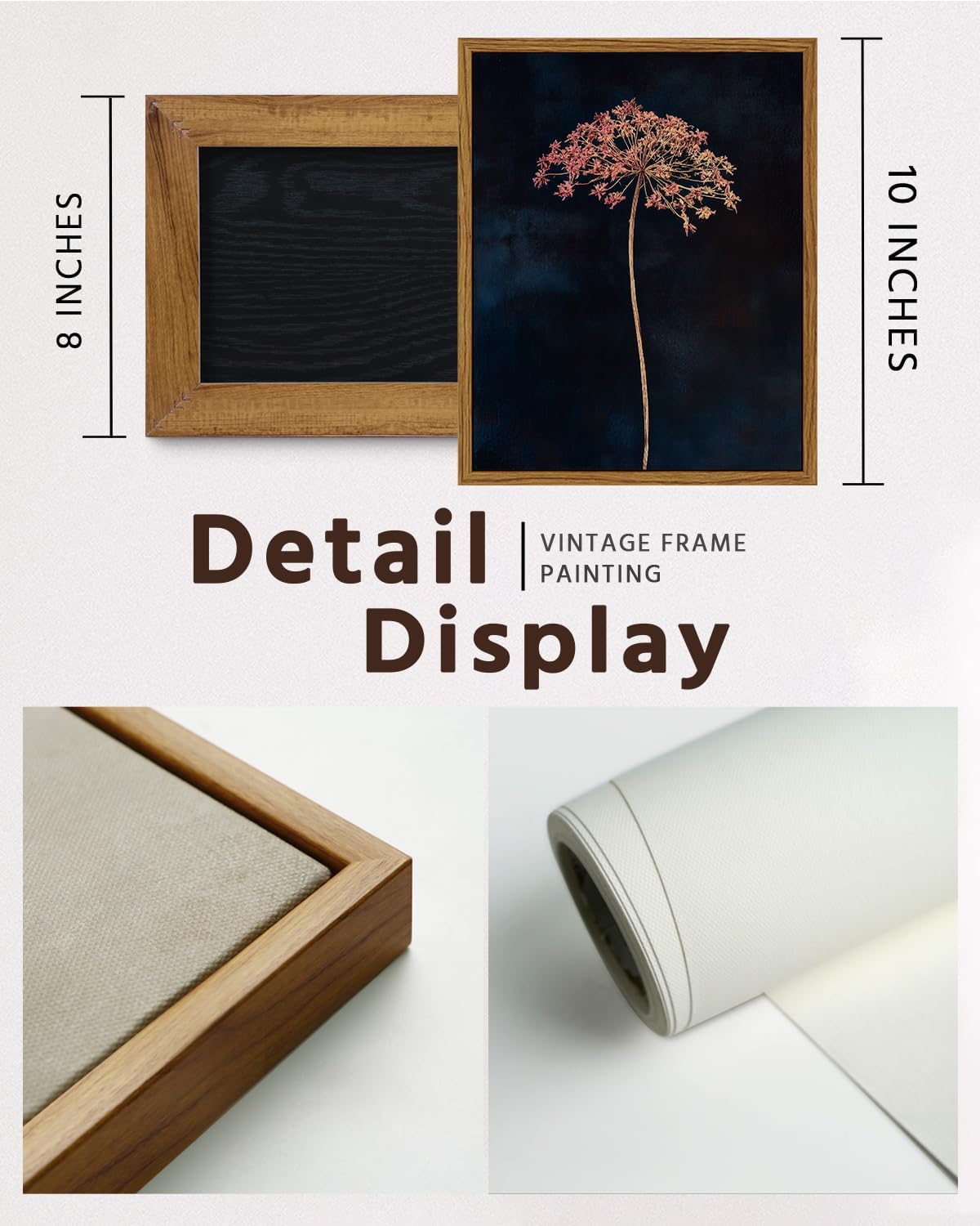 VIYYIEA Framed Canvas Wall Art, Dried Flowers Wall Art for Living Room, Plant Oil Painting Picture, Vintage Home Decor, Bathroom Wall Decor -【Queen Anne's Lace】-(10L x 8W)