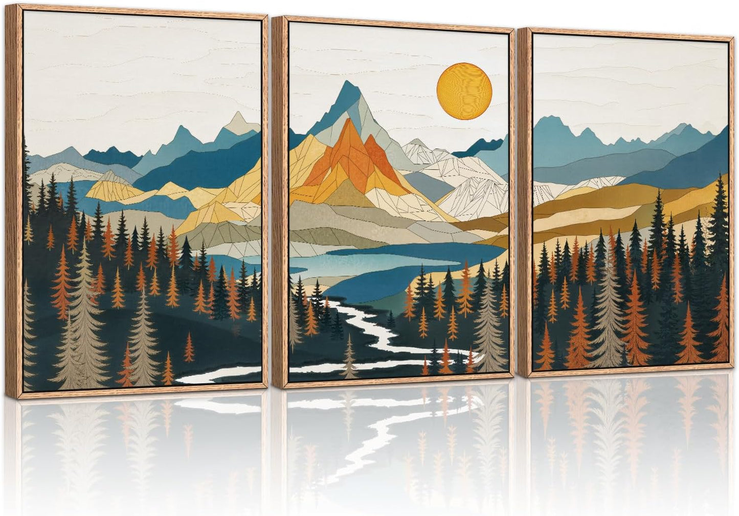 HLNIUC Large Sunset Mountain Framed Wall Art,Boho Forest Pine Tree Canvas Wall Decor Set of 3(16”X24”) Blue and Orange Landscape Art Print,Colorful Mountain Lake Wall Painting for Living Room,Bedroom