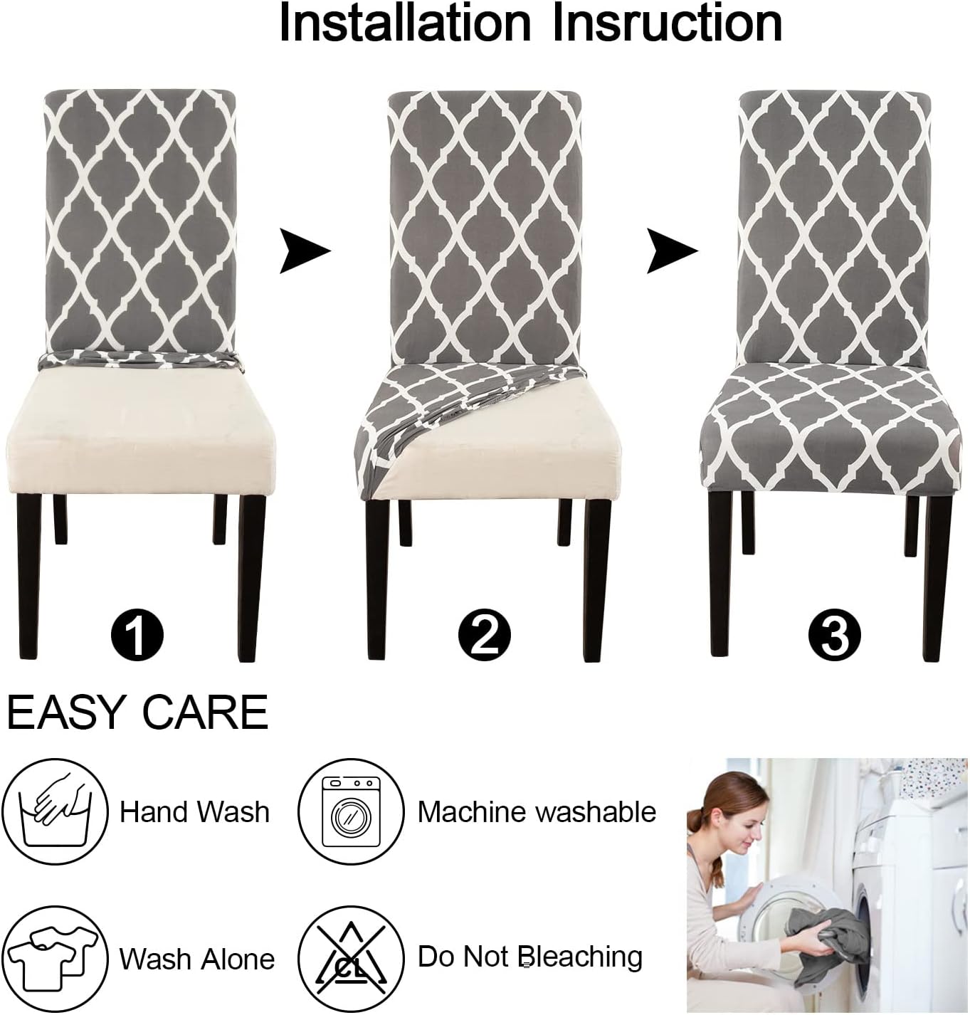 JQinHome Chair Covers for Dining Room 6 Pack, High Stretch Removable Washable Parsons Chair Slipcover for Home Party Hotel Wedding Ceremony (Grey White)