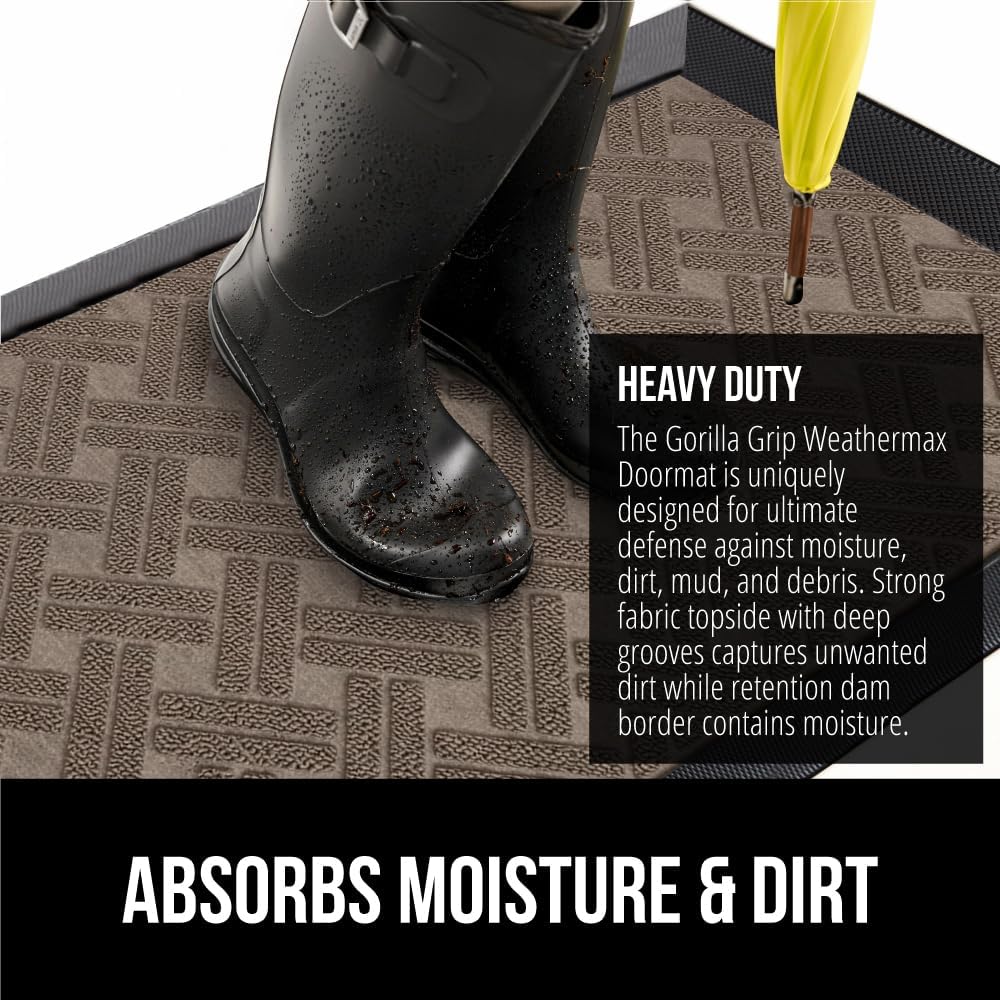 GORILLA GRIP 100% Waterproof All-Season WeatherMax Doormat, 72x24, US Designed Natural Rubber, Stain and Fade Resistant, Low Profile Indoor Outdoor Door Mats, Easy Clean Patio Mat, Taupe Basket Weave