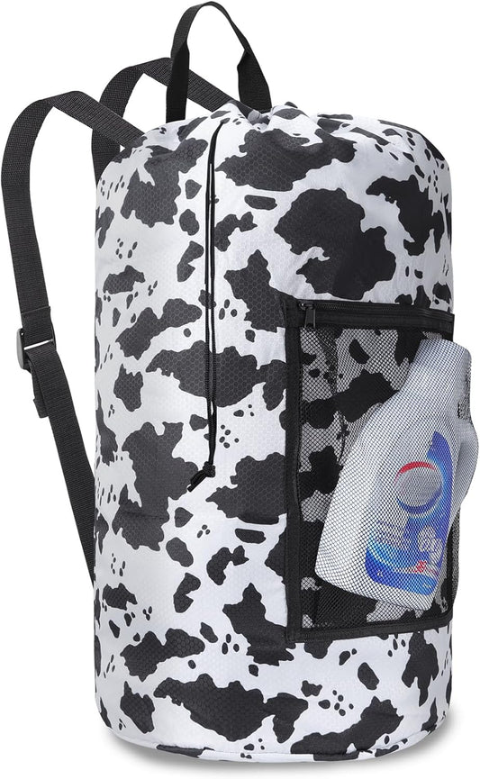 Femuar Laundry Bag Backpack Durable Laundry Bag with Shoulder Straps and Mesh Pockets Portable Laundry Dirty Clothes Hamper Bag for College Dorm (Cow Print)