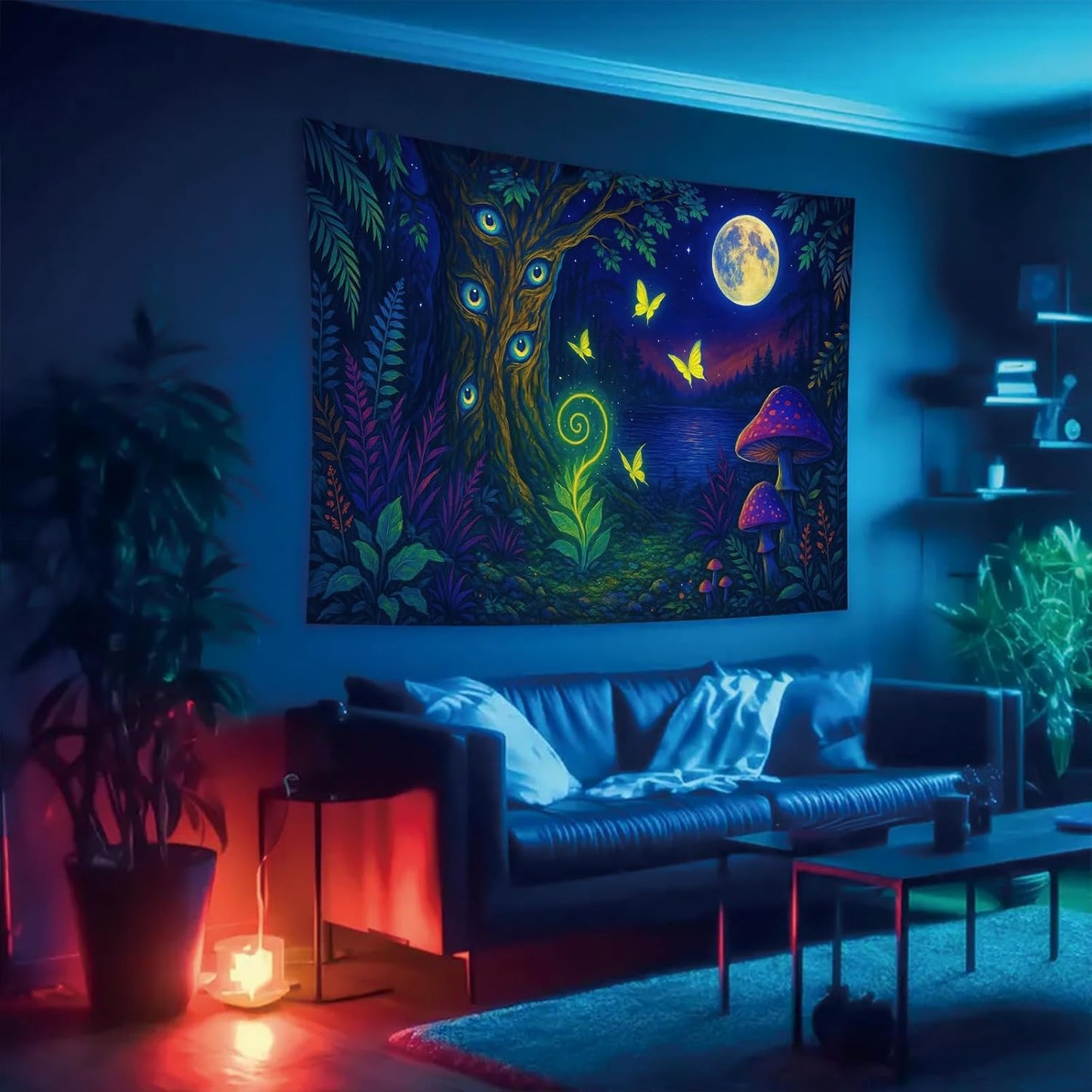 Starlit Patio Fantasy Forest Blacklight Tapestry UV Reactive Wall Hanging Glowing Tree Eyes Butterflies Mushrooms Moon for Bedroom Dorm Living Room Psychedelic Nature Decor Fluorescent Poster 78 x 59 Inch