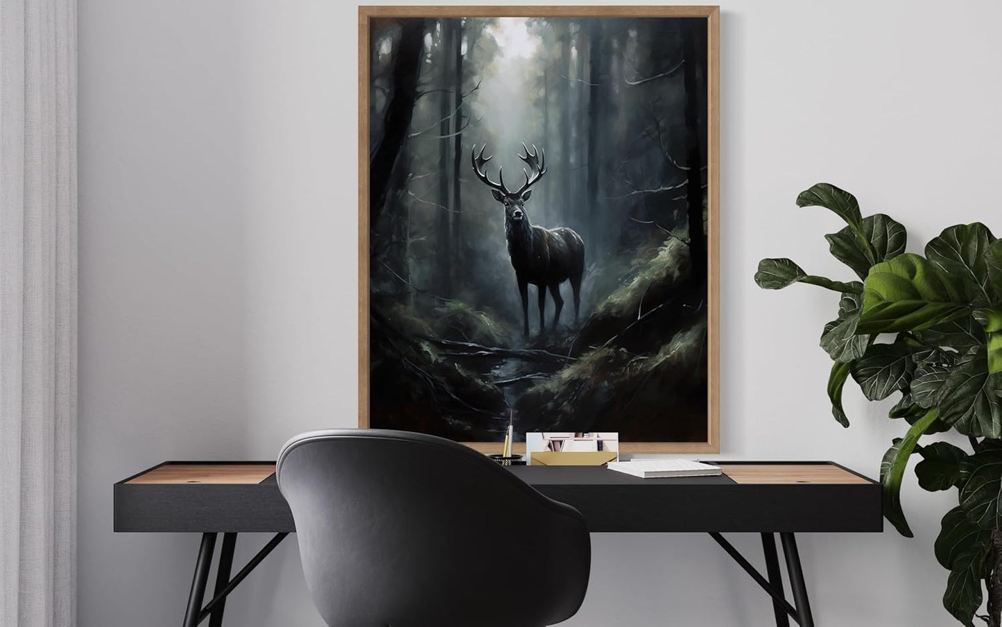 Deer in Forest Poster Art Print, Halloween Scary Vintage Wall Art Academia Spooky Painting Decoration for Horror Prints, Gothic Posters Bedroom Decor 89 (Deer in Forest, 11 x 14 inches, Wood Frame)