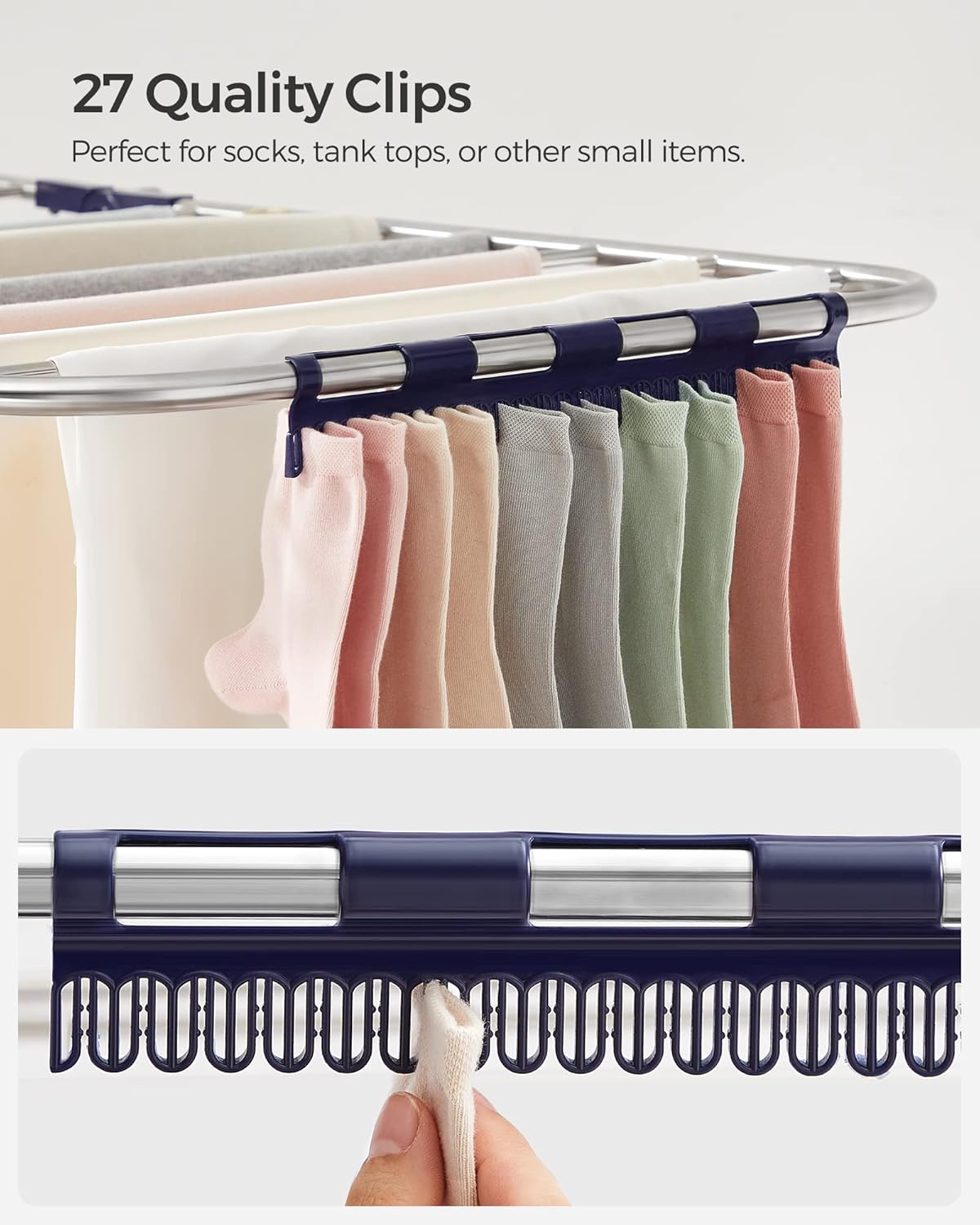 SONGMICS Clothes Drying Rack, Foldable 2-Level Laundry Drying Rack, Free-Standing Laundry Airer, with Height-Adjustable Wings, 33 Drying Rails, Sock Clips, Silver and Blue ULLR53BUV1