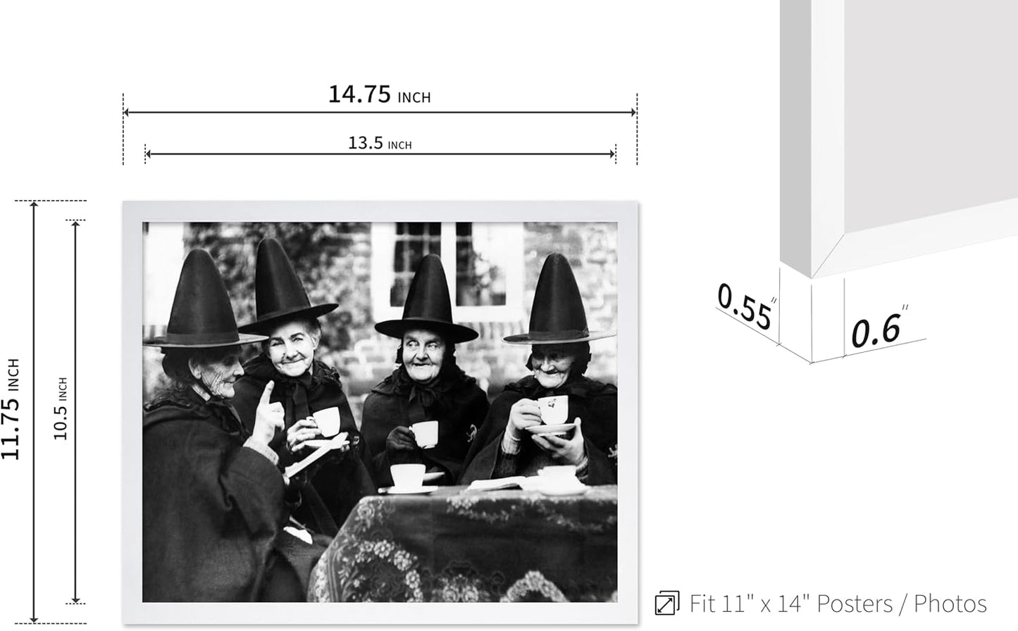 Poster Master Classic Photograph Poster - Vintage Halloween Print - Gift for Artist, Friend - Witches Tea Party, Old Women Smiling, Wearing Robes - Wall Decor for Living Room, 11x14 White Framed