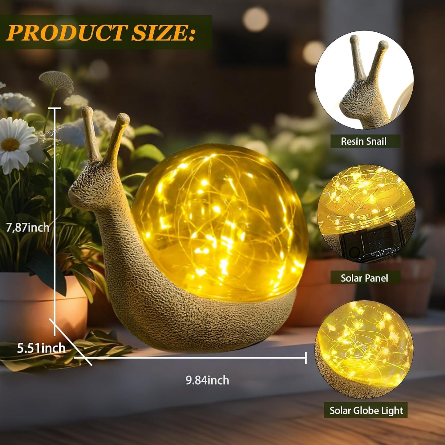 Solar Snail Garden Statues Light Outdoor Decor,9.84"×7.87" Resin Figurines with LED Globe Lamp Art Decorations for Outside Yard Lawn Patio Porch Balcony,Unique Gifts for Women Mom Grandma