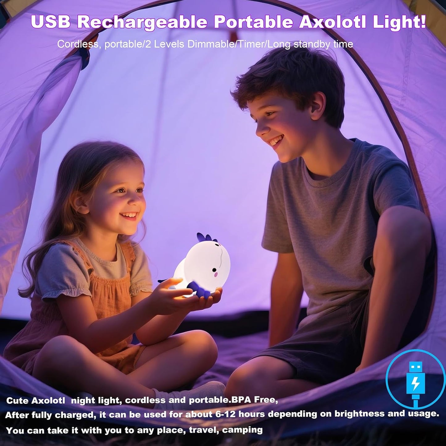 HAPPYBAG Axolotl Night Light,Cute Axolotl lamp Gifts for Kids,Dimmable Silicone Animal Nursery Night Light,Kawaii Rechargeable Bedside Touch Lamp,Baby Room Decor Axolotl Light