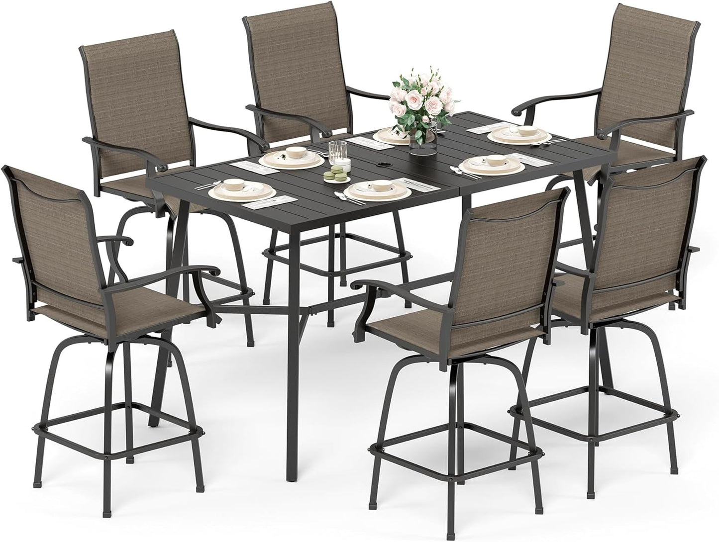Sophia & William Outdoor Bar Set, Patio Bar Table and Chairs Set, Bar Height Patio Set - 6 x Swivel Bar Chairs(Brown), 1 x Rectangular Bar Table(Black)