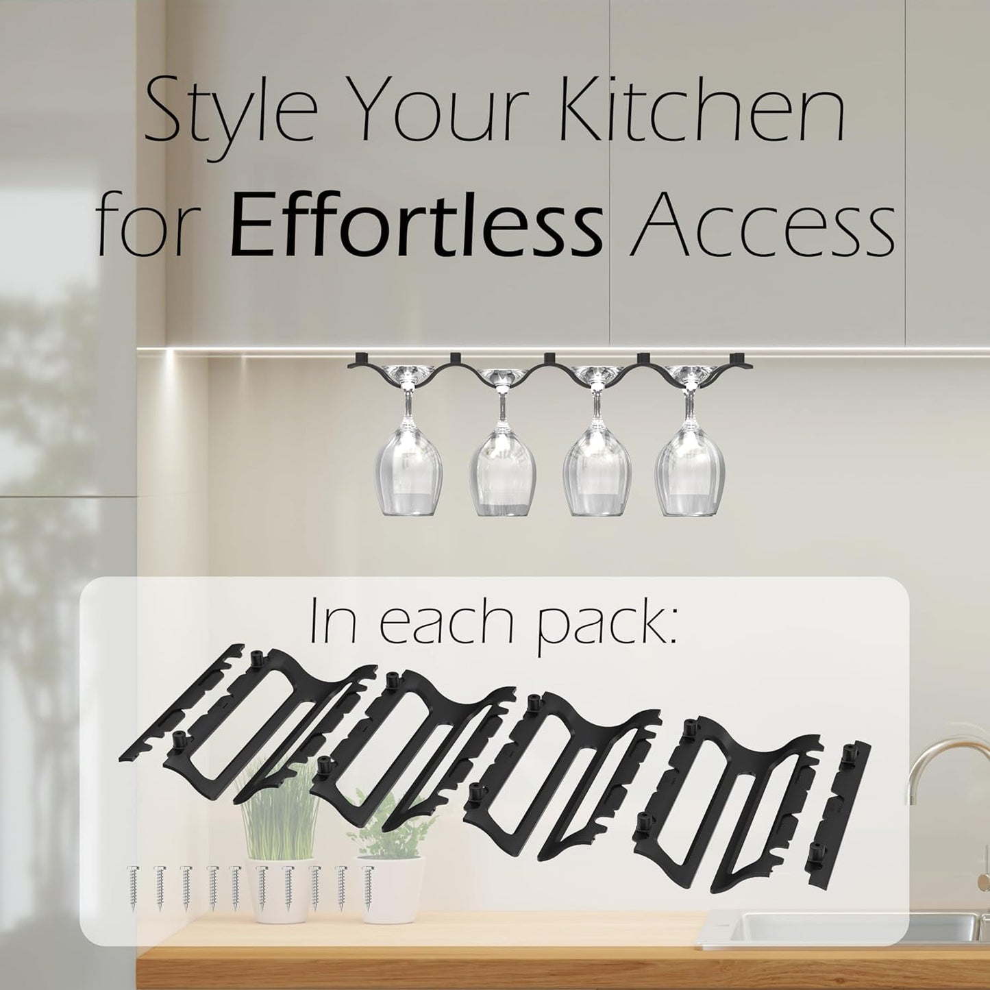 Bariboo Wine Glass Storage Case – Hang 8-12 Glasses on Your 18.7 x 9 x 1.7 In., Dust-Free Wine Glass Holder – Under-Shelf & Under-Cabinet Wine Glass Holder Rack with Assembly Manual & Video