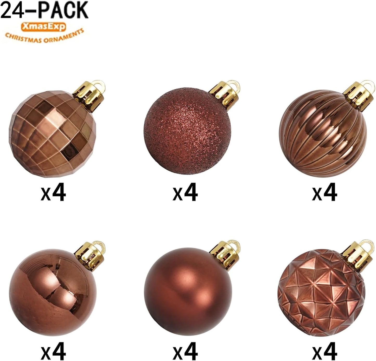 XmasExp 24ct Christmas Ball Ornaments Shatterproof Christmas Ornaments Set Decorations for Xmas Tree Balls(1.57''/40mm, Brown and Champagne)