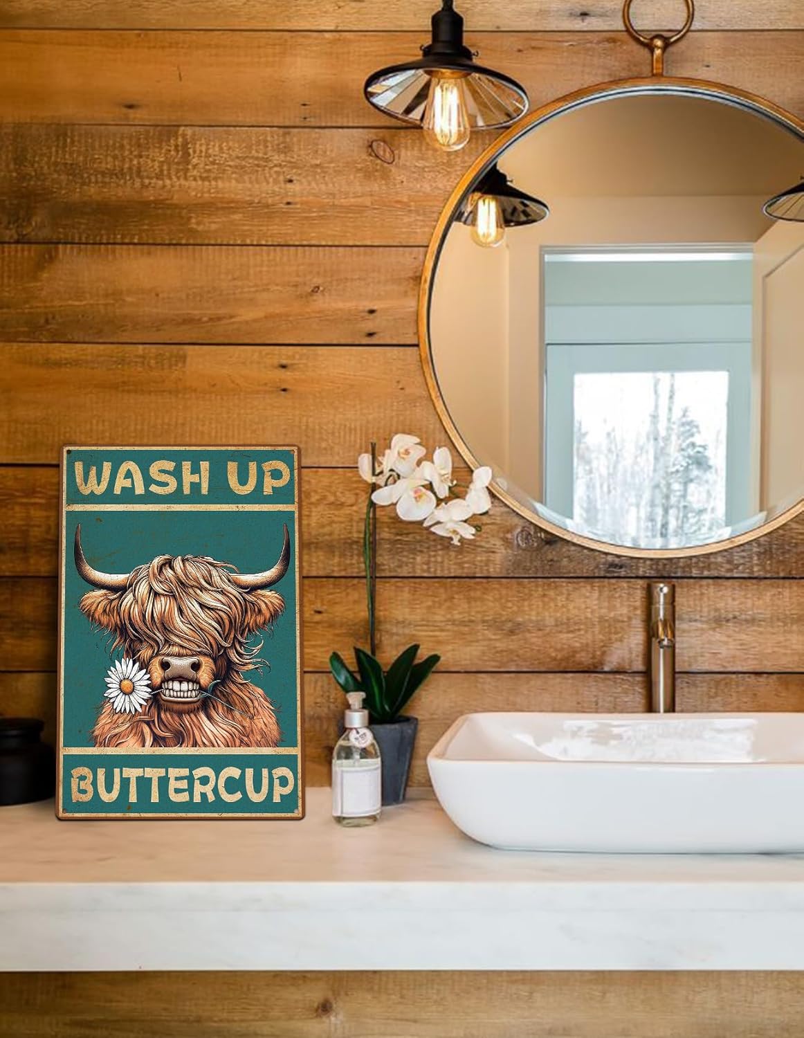 ALKB Highland Cow Sign Bathroom Wall Cow Painting for Western & Highland Cow Lovers - Funny Wash Up Sign 8 x 12 Inch