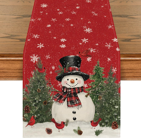 Artoid Mode Snowman Christmas Birds Trees Table Runner, Seasonal Winter Xmas Holiday Kitchen Dining Table Decoration for Home Party Decor 13 x 60 Inch