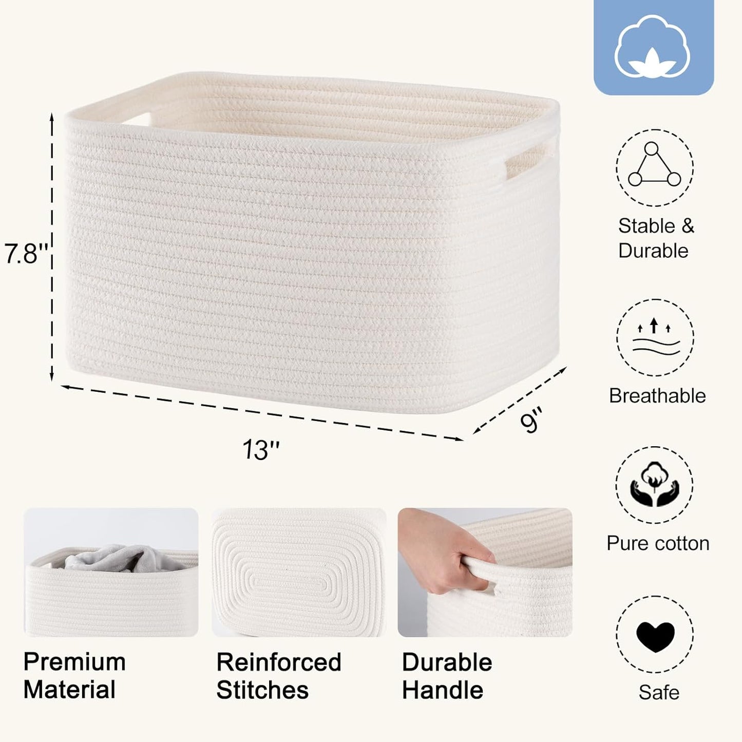 4 Pack Storage Baskets for Organizing, Woven Baskets for Shelves - Perfect for Toys, Books, Towels, and Clothes, Durable Gift Basket Bins Toy Storage, 12.7''L x9''W x7.8''H, White