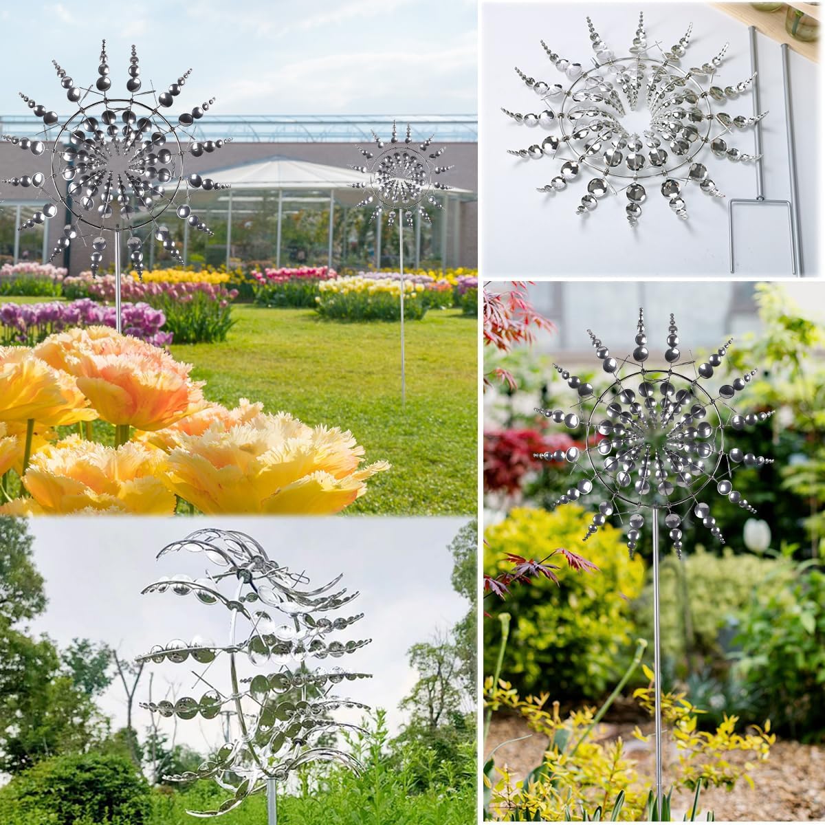 Unique and Magical Metal Windmill, 2Pcs Wind Spinners, 3D Wind Powered Kinetic Sculpture, Stainless Steel Wind Spinners, Wind Mill for Yard and Garden (2PCS-Silver)