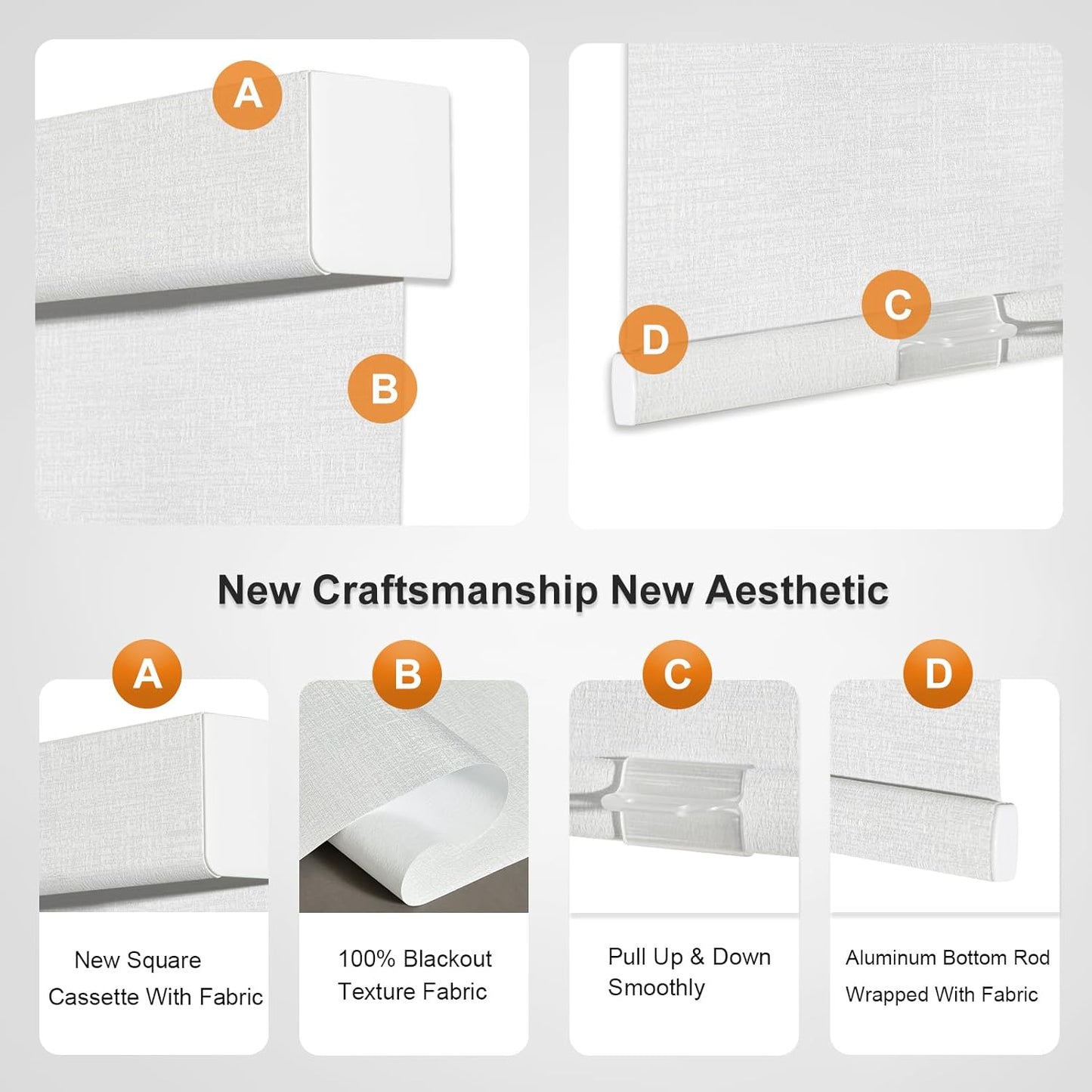 Persilux Blackout Roller Shades & Blinds Windows Shades Free-Stop Blackout Blinds with Jacquard Fabric,Cordless Blinds Pull Down Shades for Home, Easy to Install for Door/Office, White(43" W x 96" H)