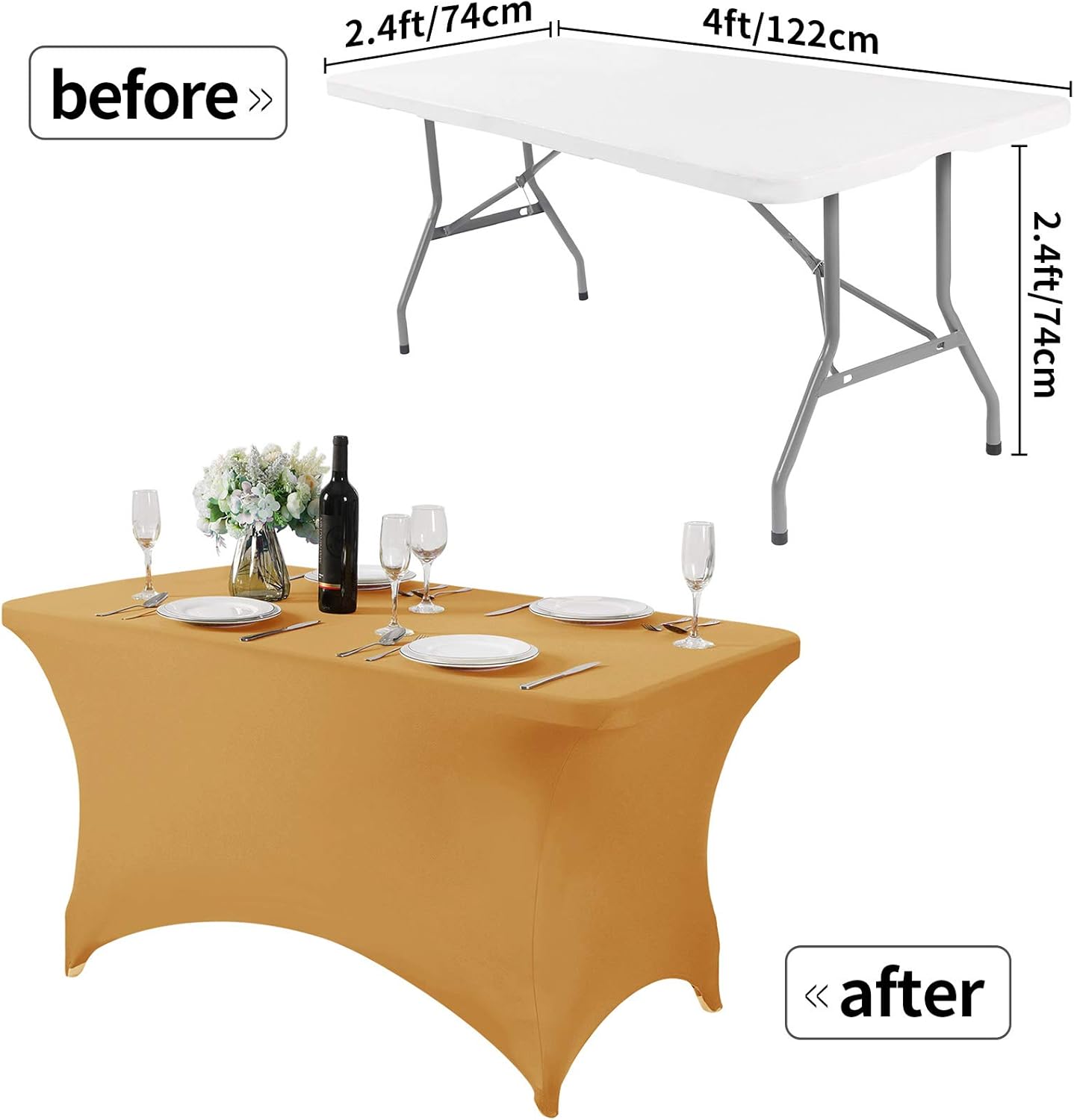 2Pack Spandex Table Cover for 4FT or 6ft or 8ft Table Universal Fitted Stretch Tablecloth for Party, Banquet, Wedding and Events-Gold