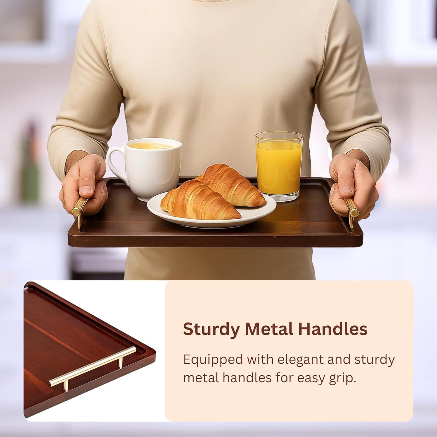 Acacia Wood Serving Tray – 17" x 13" Ottoman Tray with Metal Handles for Coffee Table, Breakfast, Snacks, Tea, Food – Decorative Wooden Tray for Kitchen, Living Room & Bedroom