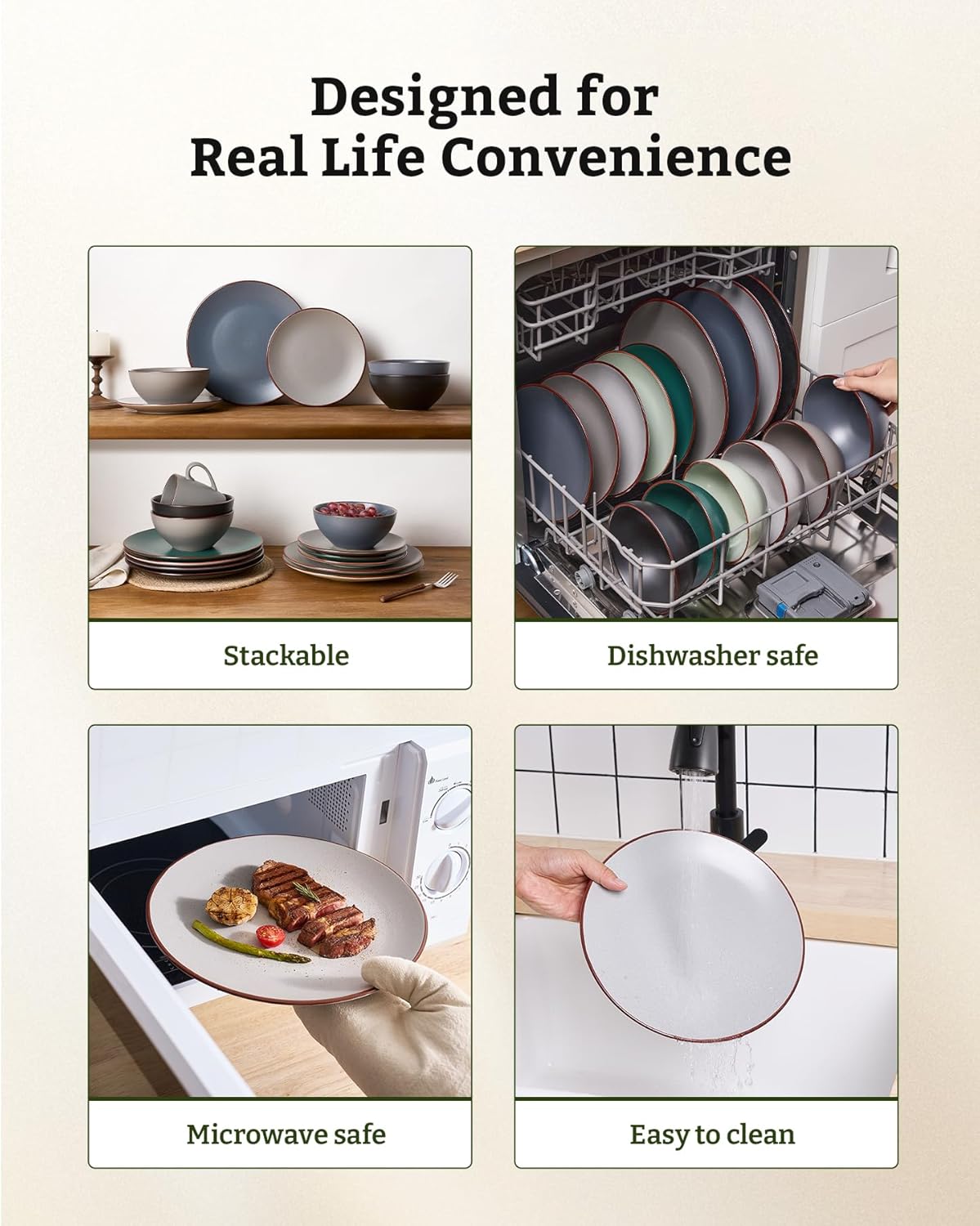 Famiware Venus Ceramic Plates and Bowls Sets, Speckled Dinnerware Dish Sets for 8 (24 Pieces) - Microwave and Dishwasher Safe, Matte Light Grey