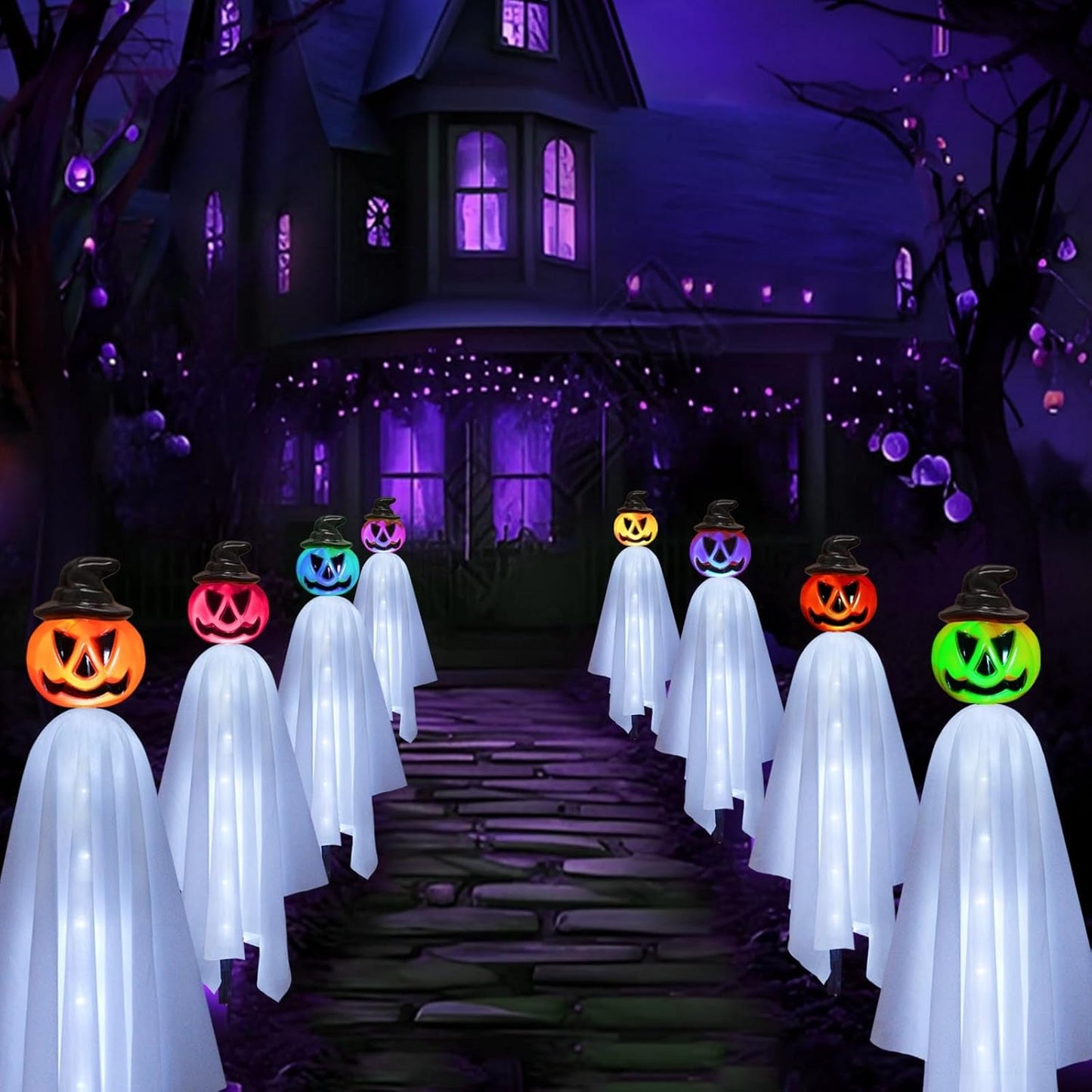 Upgraded Pumpkin Ghosts Halloween Decorations Outdoor, 4 Pack Waterproof Solar Ghosts Garden Stake Lights for Front Yard Patio Lawn Pathway Halloween Party Decorations