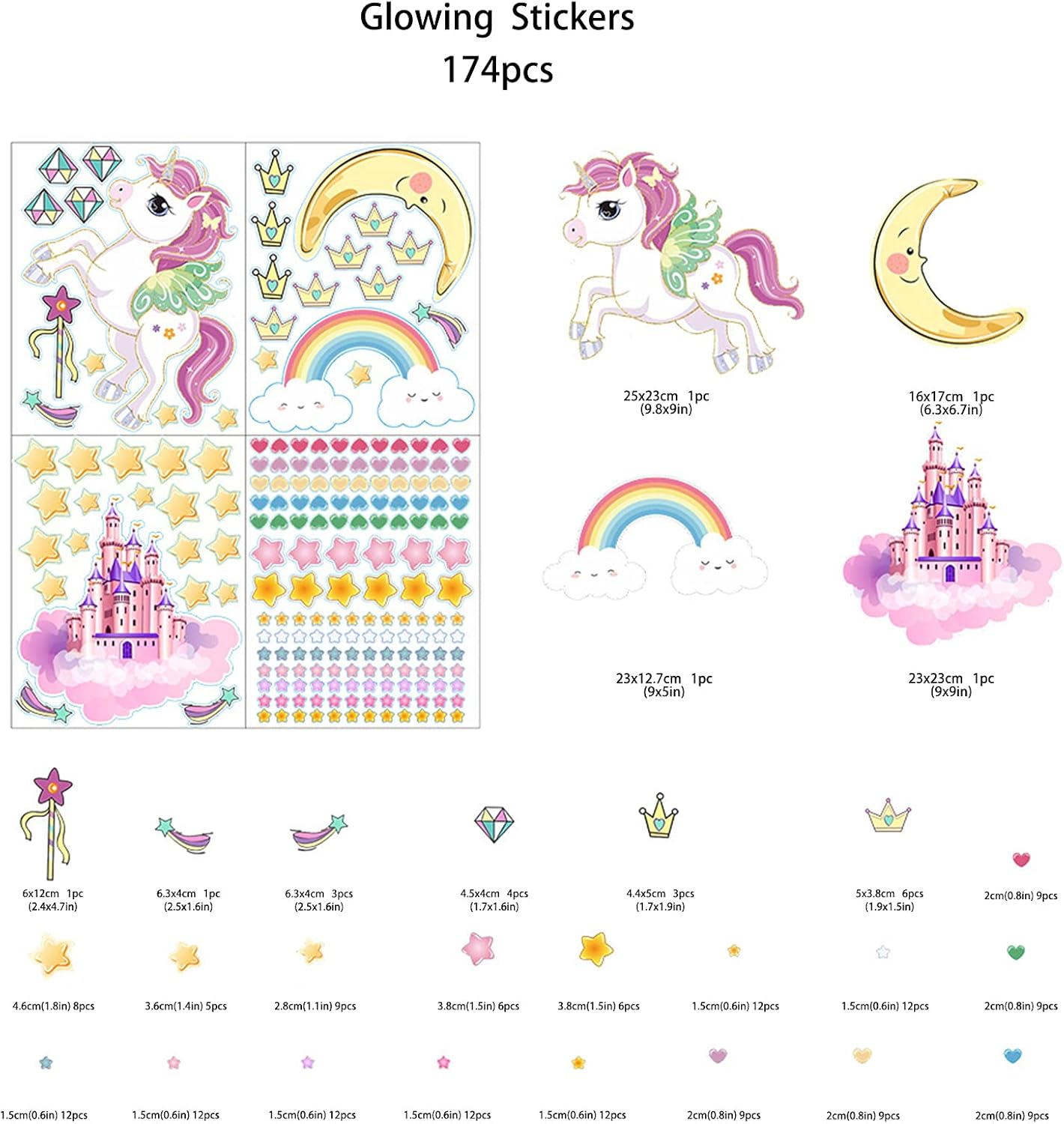Glow in The Dark Stars and Unicorn Wall Decals, Glowing Castle Moon and Rainbow Stickers, 174 pcs Luminous Ceiling Decor for Kids Bedroom, Great Wall Decor for Girls and Boys Gift