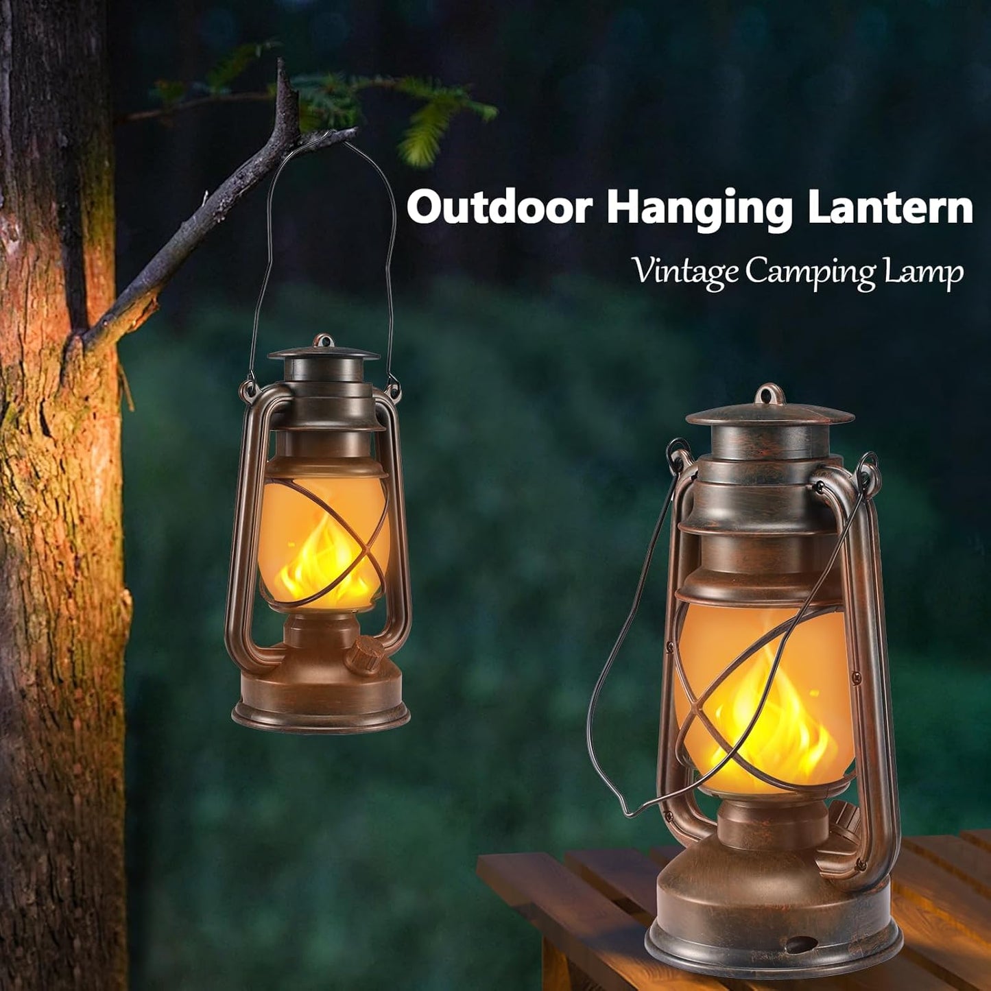 Outdoor Lanterns Waterproof Hanging Vintage LED Camping Lamps with Dancing Flame Non-Solar Remote Control Light Landscape Decor for Table Patio Garden Yard Pathway Porch 2Pack (3AA Batteries Power)