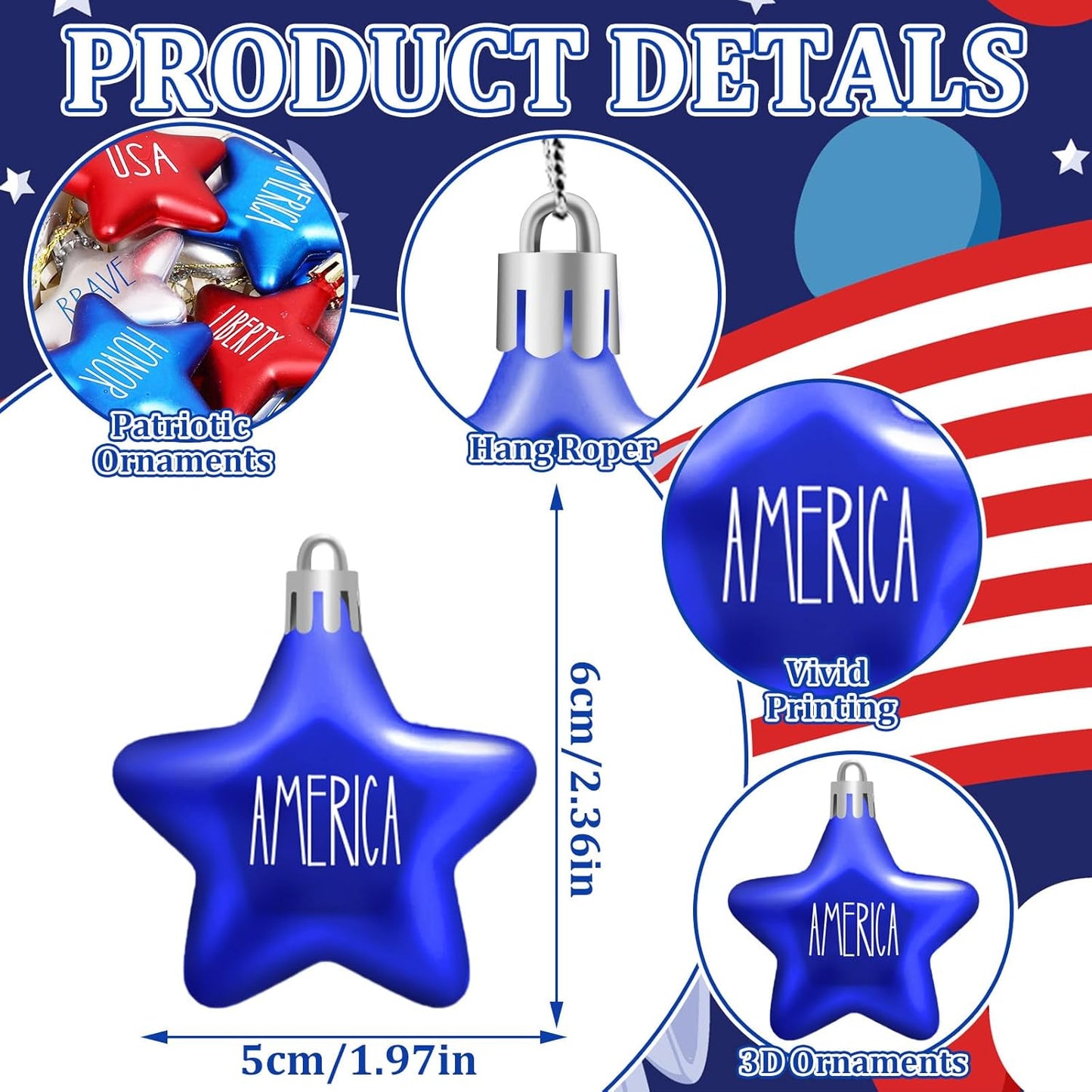 JULMELON 24Pcs 4th of July Patriotic Hanging Star Ornaments for Tree, Independence Day Memorial Day Labor Day Hanging Small Star Decorations for Home Party Christmas Tree Decor, Blue Red and Silver