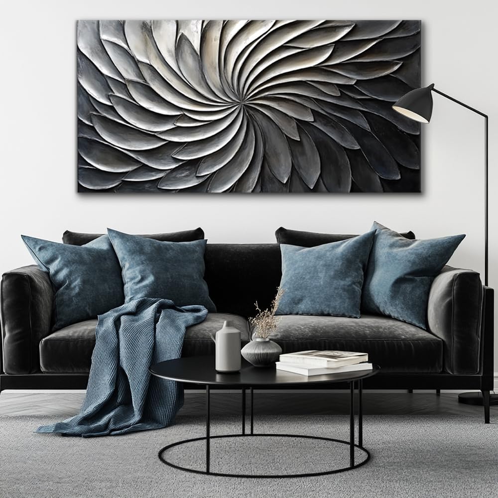 LASMOND Abstract Black and White Wall Art for Living Room Modern Canvas Print Painting Lines Flower Floral Large Artwork Bedroom Home Office Wall Décor (58x28 Inches)