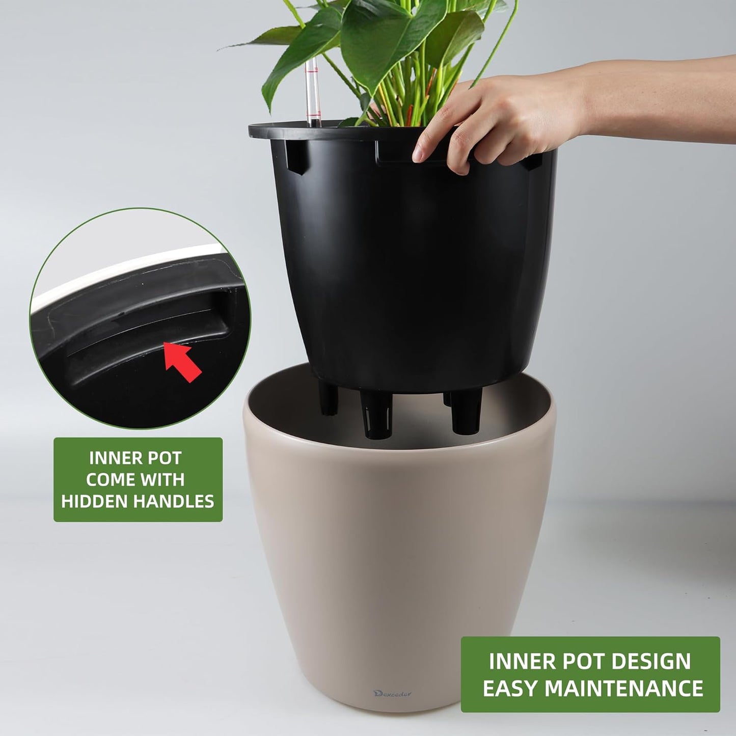 Dexceder 13x12 Self Watering Planter with Wheels Indoor Outdoor, Inner Pot Design, Thickened Large Floor Standing Flower Plant Pot with Water Level Indicator (Taupe Matte)