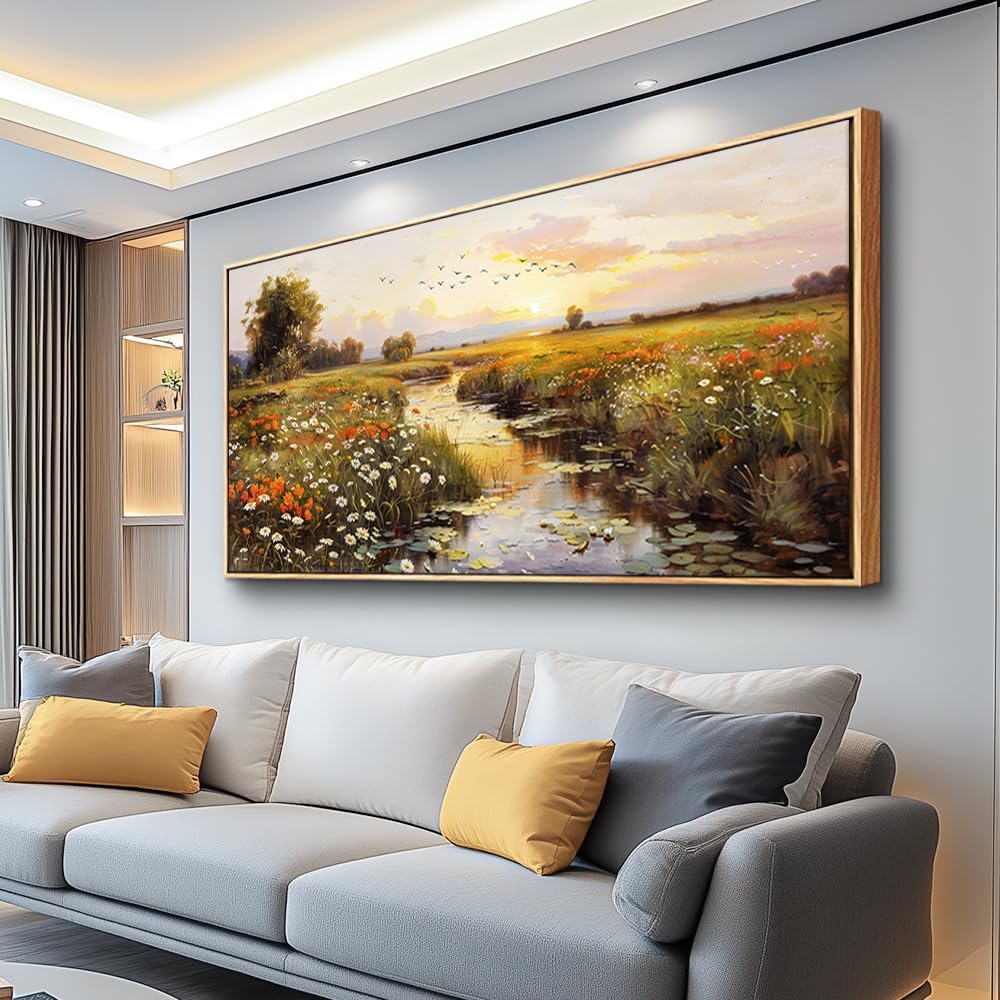 PHAOHUAXM Canvas Wall Art For Living Room Wall Decor For Bedroom Watercolour Painting Office Decoration Countryside Sunrise Scenery Wall Picture Printing Artwork Home Decor Wood Framed 24x48 In