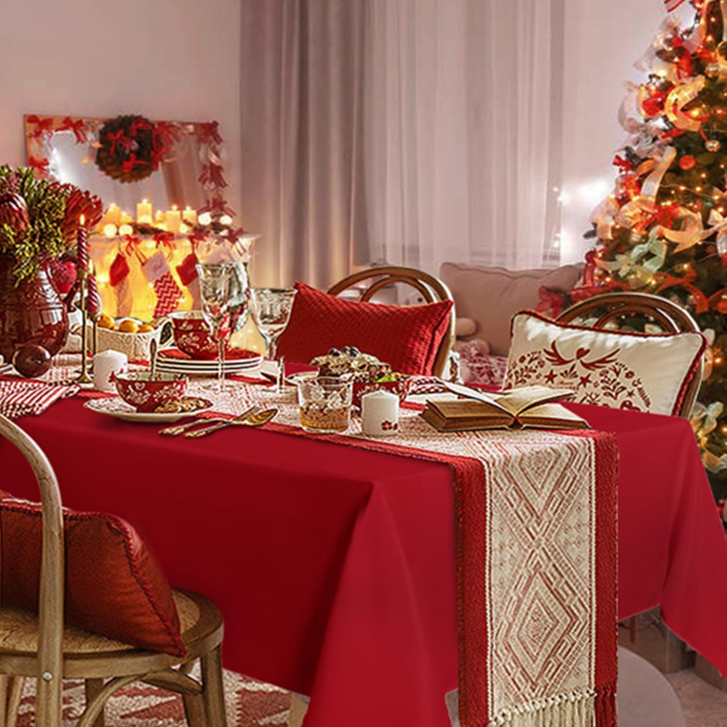 sancua Rectangle Tablecloth - 70 x 90 Inch - Stain and Wrinkle Resistant Washable Polyester Table Cloth, Decorative Fabric Table Cover for Dining Tables, Buffet Parties, Christmas Red