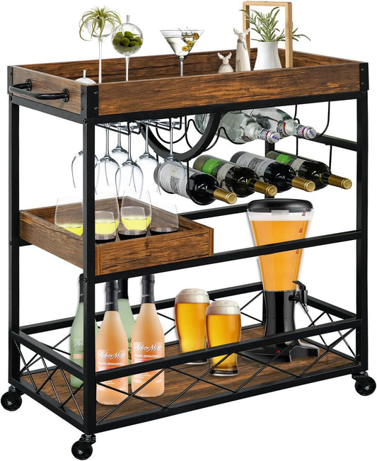 Bar Cart for The Home, 3 Tire Industrial Rolling Serving Cart on Lockable Wheels, Alcoholic Beverage Trolley with 2 Removable Trays, Wine Rack and Glass Holder for Indoor, Outdoor