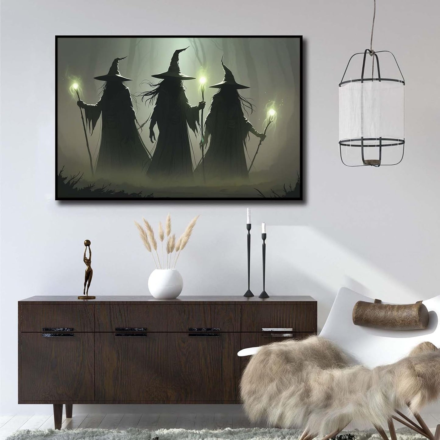 JFHCQJPK Vintage 3 witches canvas wall decor melancholy dark Halloween poster wall decor holding a staff print Gothic horror Halloween painting print for living room bedroom24x36in Metal blackFramed