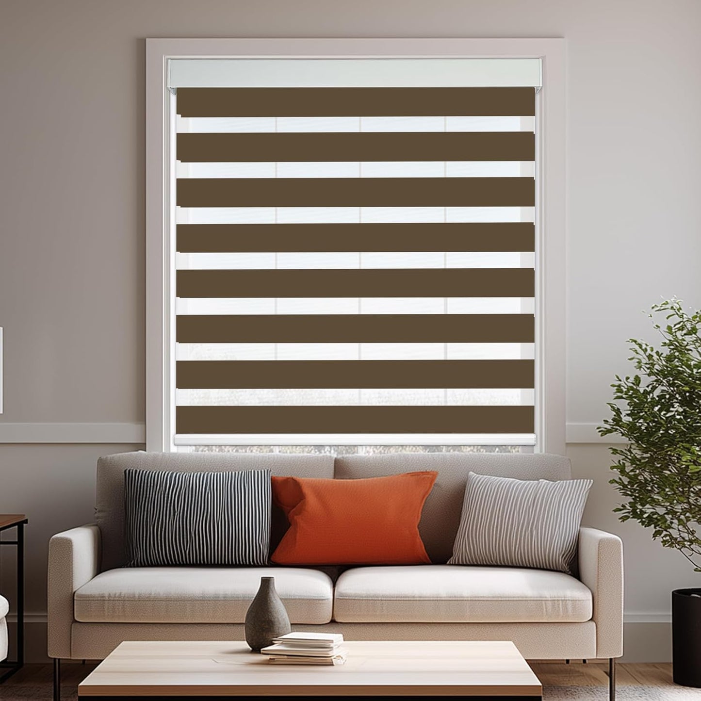 HESTIA Cordless Zebra Blinds Light Filtering Roller Shades UV Blocking Blackout Privacy Indoor Window Shades for Home Office Day and Night, Brown,32" W x 48" H