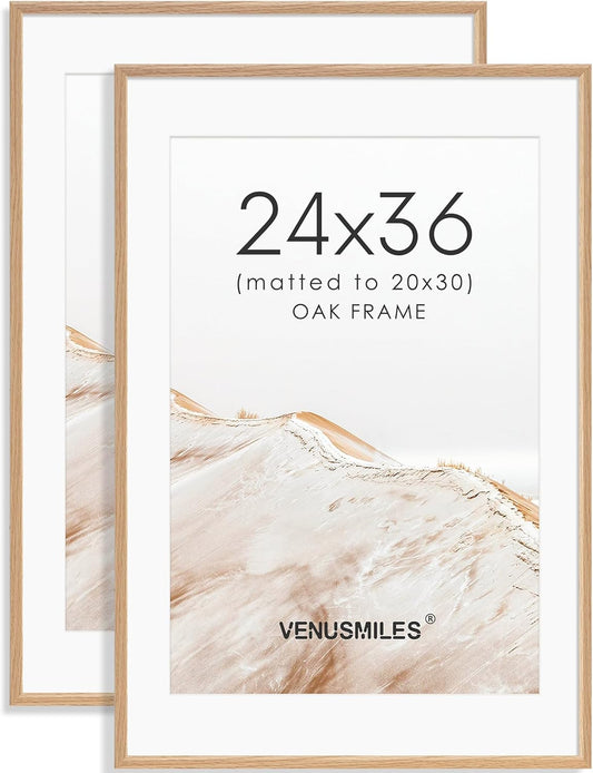 24x36 Poster Frame Set of 2 Natural Solid Oak Photo Frames with 20x30 Removable Mat Wall Hanging Large Handcrafted Frame with HD Plexiglass Wall and Tabletop Display Large Picture Frame