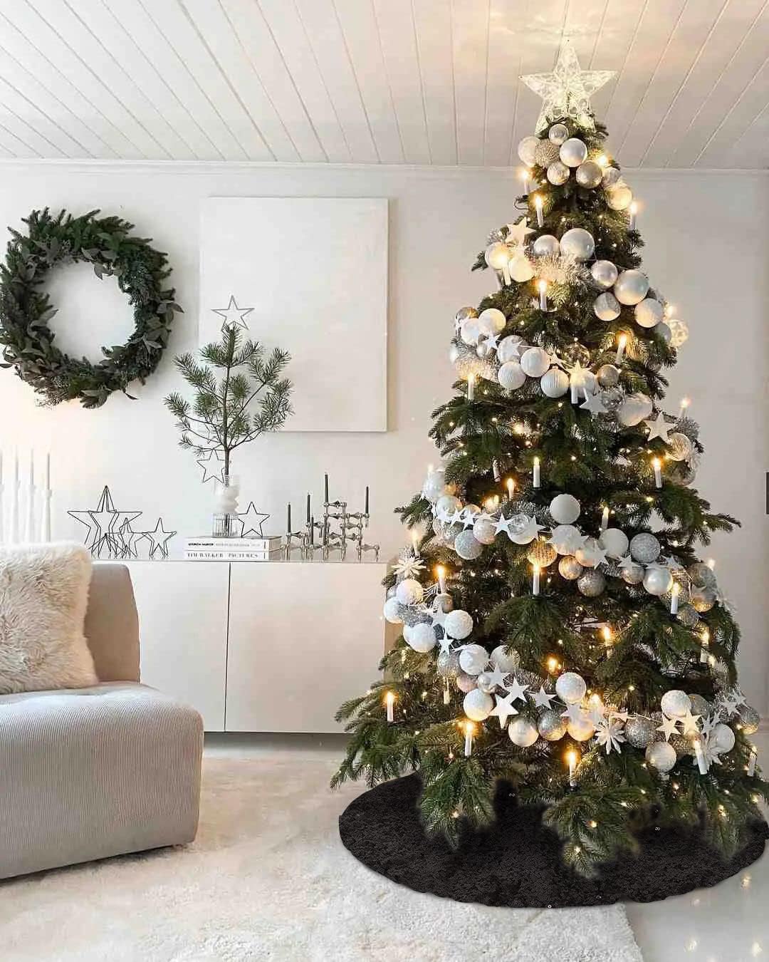 Glitter Black Tree Skirt 24 Inches Sequin Fabric Xmas Small Tree Skirt Tabletop Tree Christmas Halloween Party Ornaments