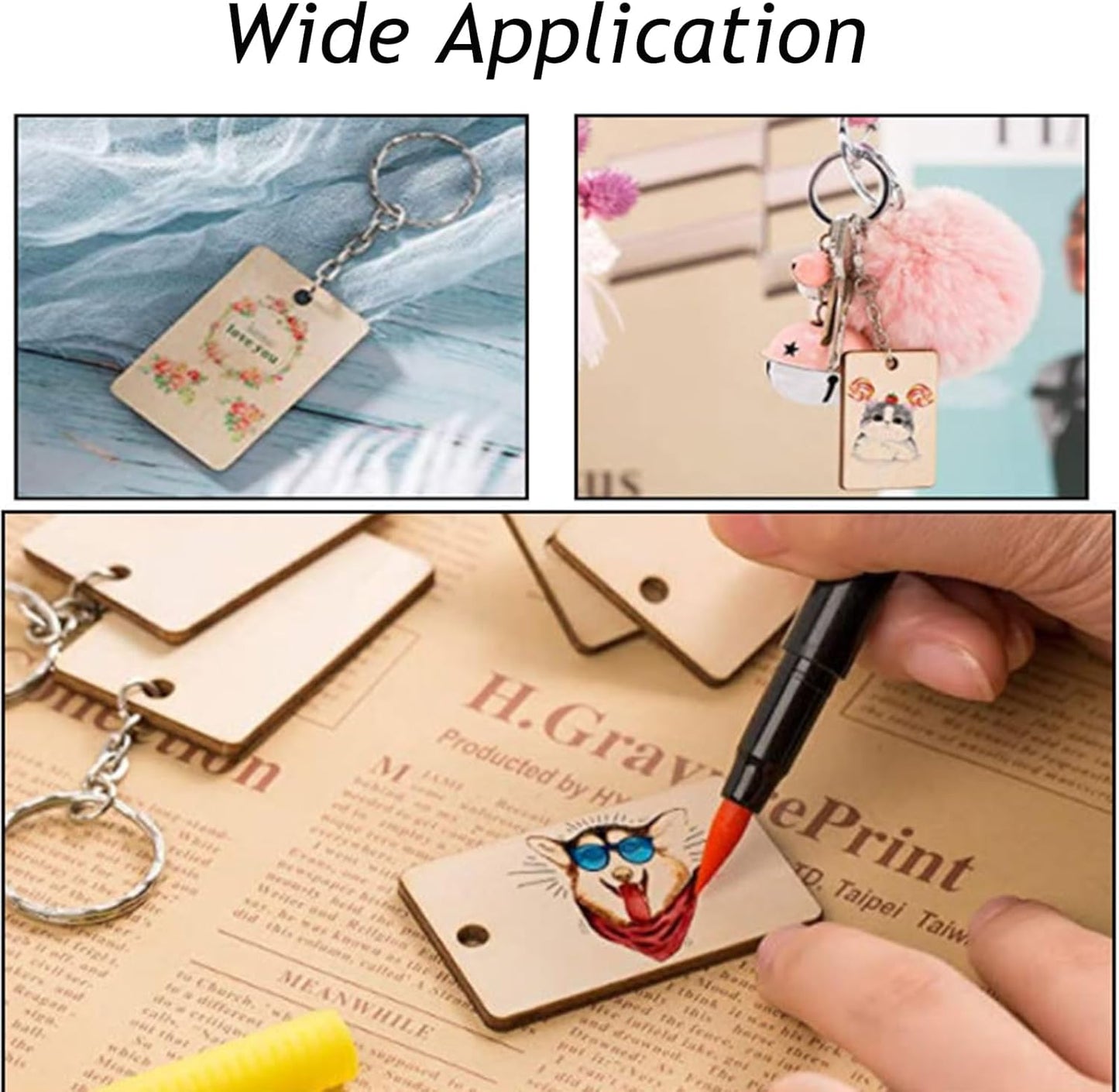 QMTSINEW 100Pcs Blank Rectangle-Shaped Wooden Keychain Set,Unfinished Wood Pieces with Key Rings and Hemp Rope,Personalized Wood Keychain,Key Tags DIY Keychain Supplies for Holiday Craft Projects, Han