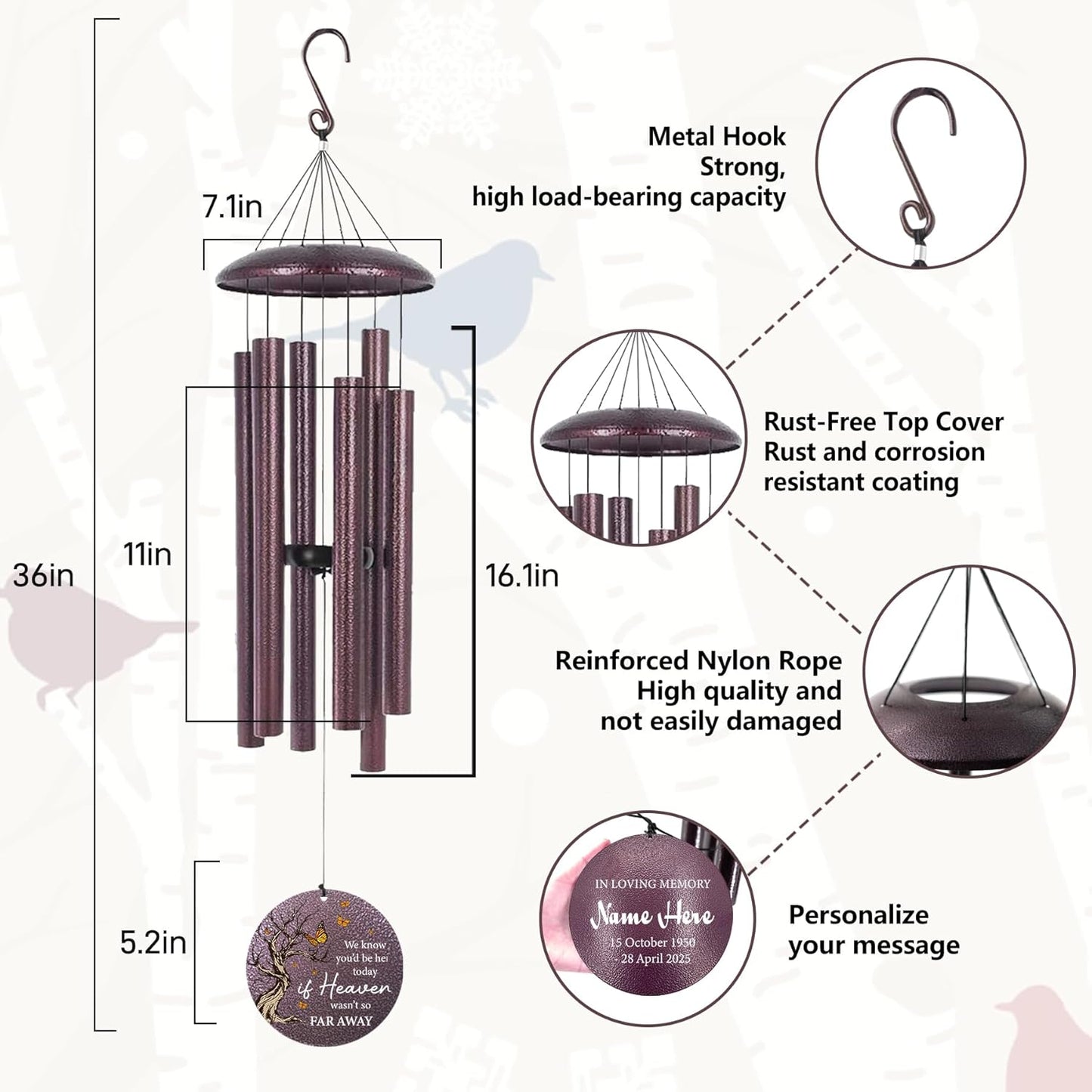 Cardinal Sympathy Wind Chimes Personalized, Windchimes in Memory of a Loved One/Mother, Sympathy Gifts Wind Chimes for Funeral Bereavement Condolences, Memorial Wind Chime