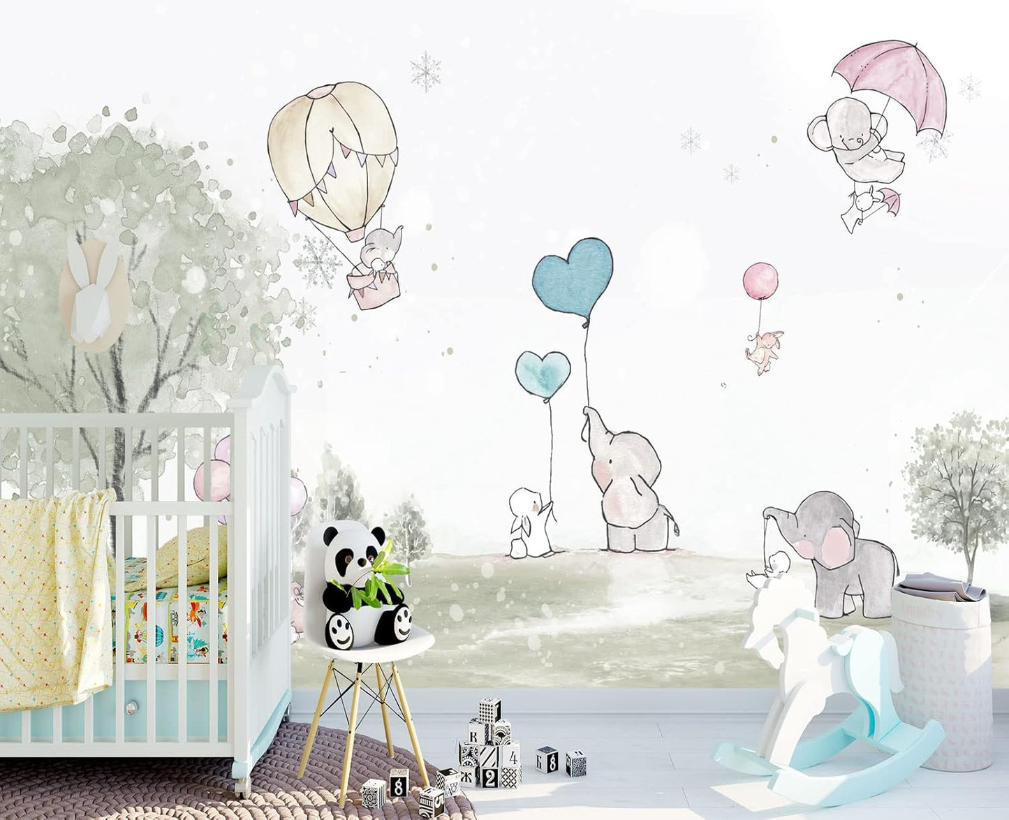 Cartoon Elephant Rabbit Balloon Nursery Wall Mural Wallpaper 137" x 100"