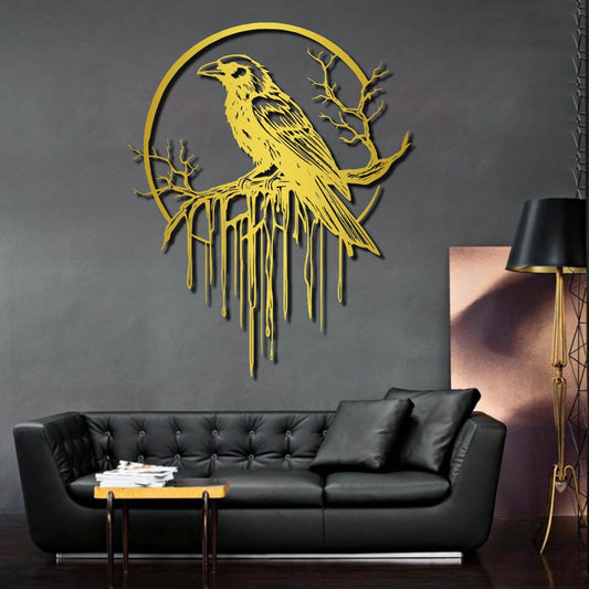 Crow Metal Wall Decor, Raven Wall Art, Large Gothic Raven Decor Hangings, Bird Wall Decor, Metal Tree Branch Decor, Ravens Sign, Raven Art for Living Room (Gold, 31"x25" | 80x64cm, metal wall art)