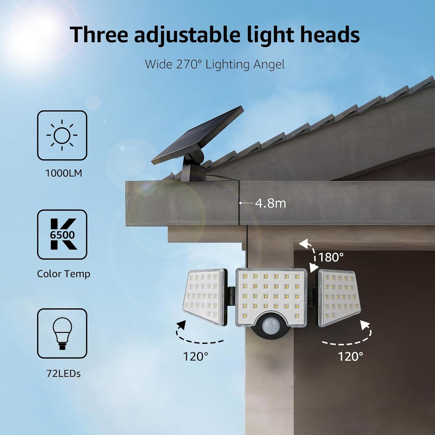 Solar Lights for Outside, WL5000 Motion Activated Security Lights, Separate Solar Panel, 3 Adjustable Head 270° Wide Lighting Angle, IP65 Waterproof Wall Lamp for Porch Yard Garage, 2 Packs